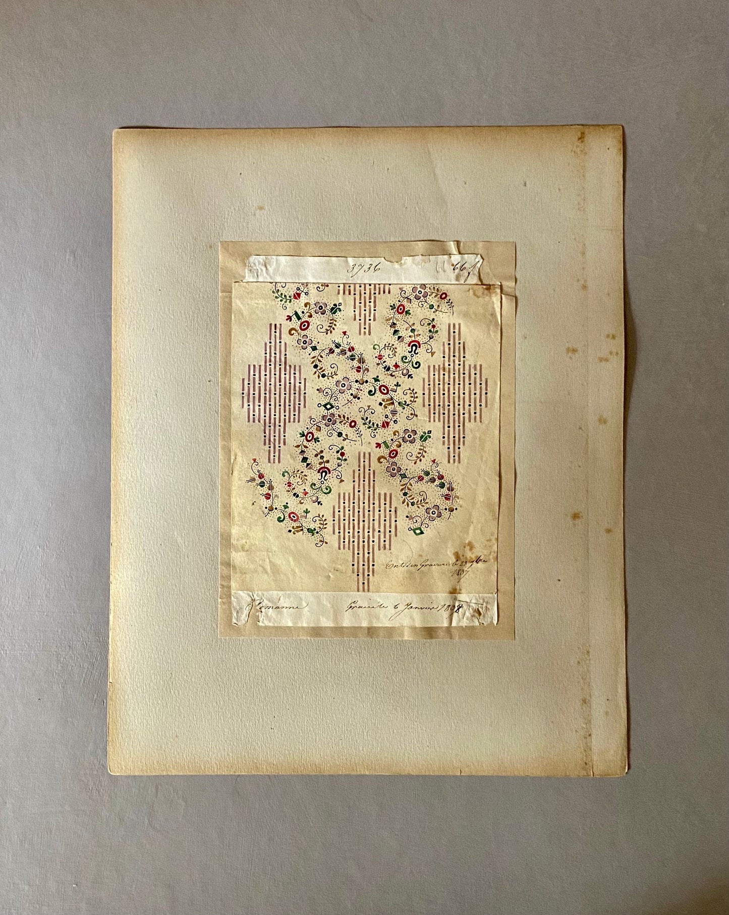 A Genuine 19th Century handpainted French Textile Design. Dated January 1838. Mounted on Antique Paper. Size: 13 x 18 cms.