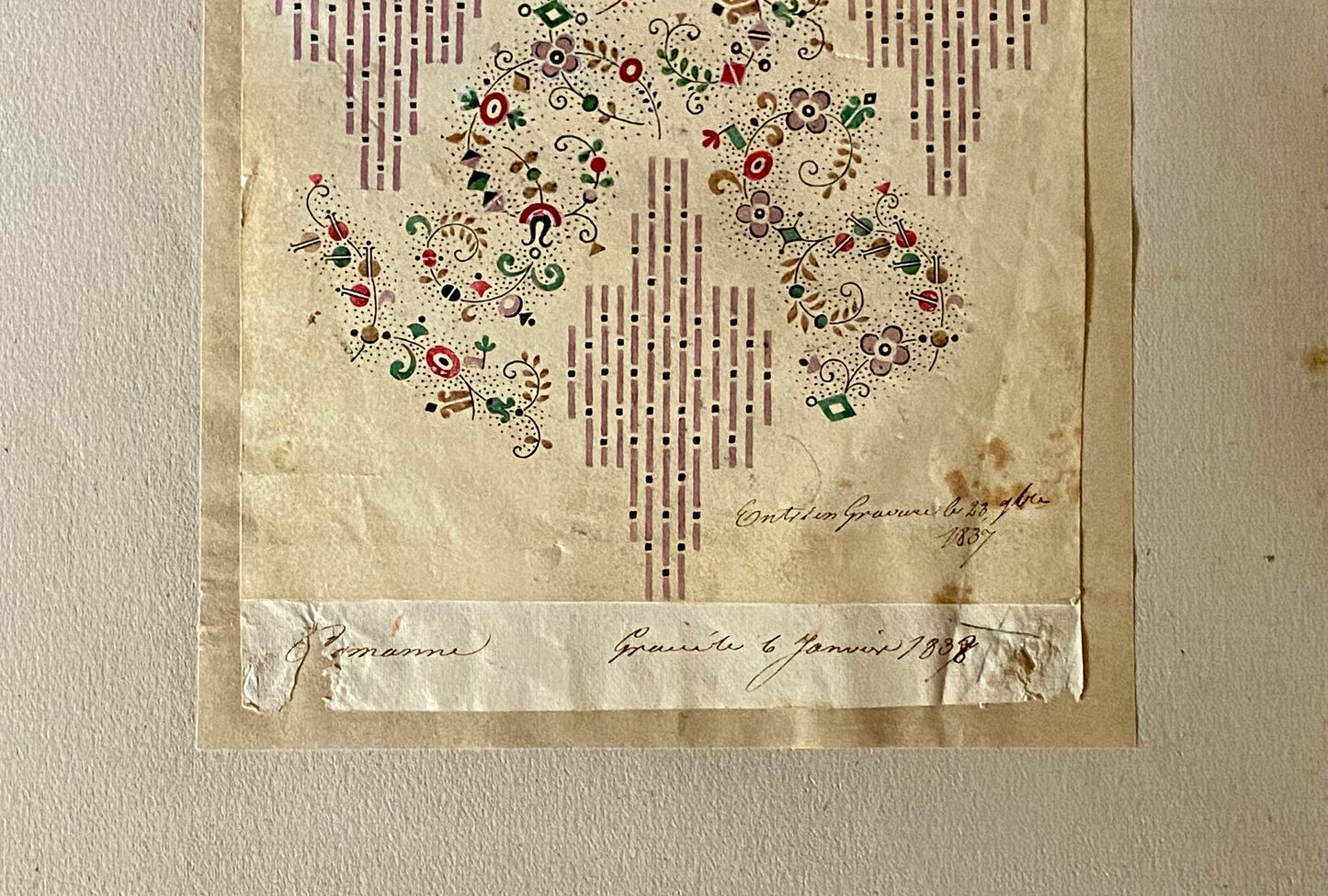 A Genuine 19th Century handpainted French Textile Design. Dated January 1838. Mounted on Antique Paper. Size: 13 x 18 cms.