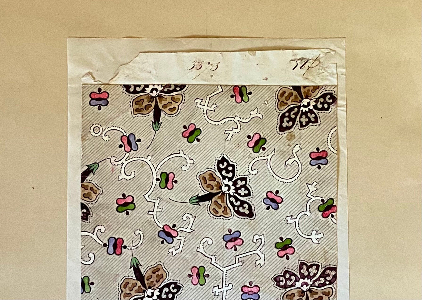 A Genuine 19th Century handpainted French Textile Design. Dated August 1837. Mounted on Antique Paper. Size: 11.3 x 23.5 cms.