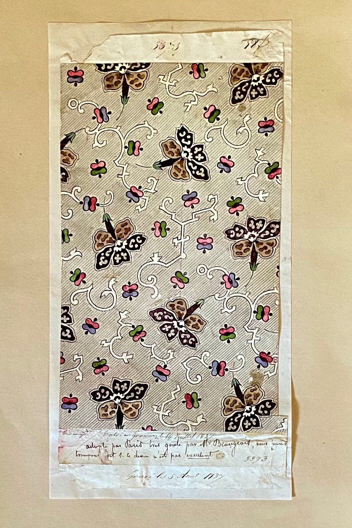 A Genuine 19th Century handpainted French Textile Design. Dated August 1837. Mounted on Antique Paper. Size: 11.3 x 23.5 cms.
