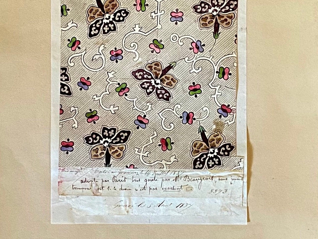 A Genuine 19th Century handpainted French Textile Design. Dated August 1837. Mounted on Antique Paper. Size: 11.3 x 23.5 cms.