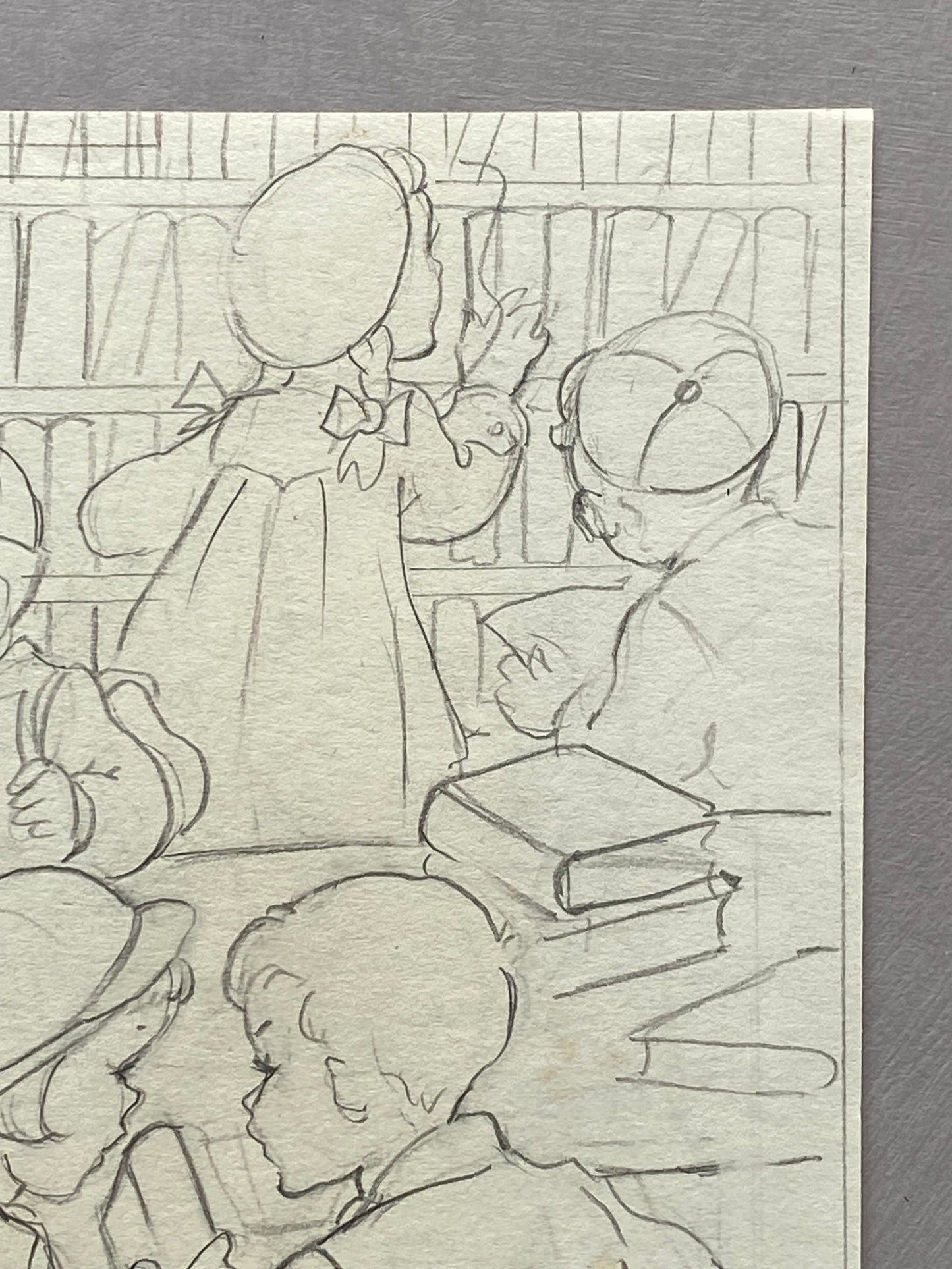 An Original Book Illustration From The 1950’s. Children at The Library. Pencil Drawing. 23 x16 cms.