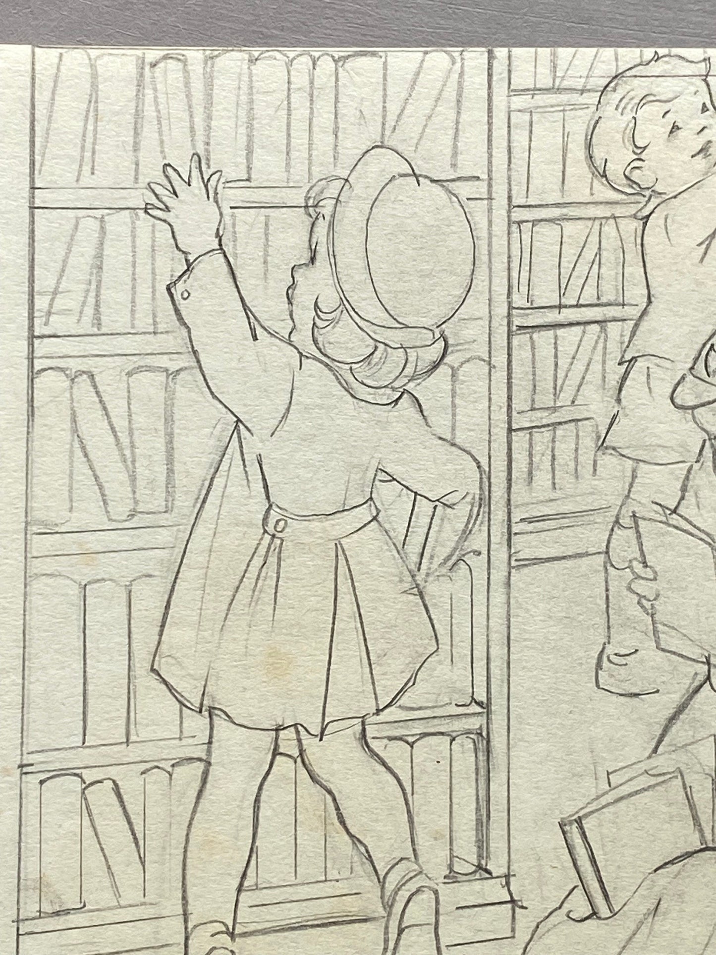 An Original Book Illustration From The 1950’s. Children at The Library. Pencil Drawing. 23 x16 cms.