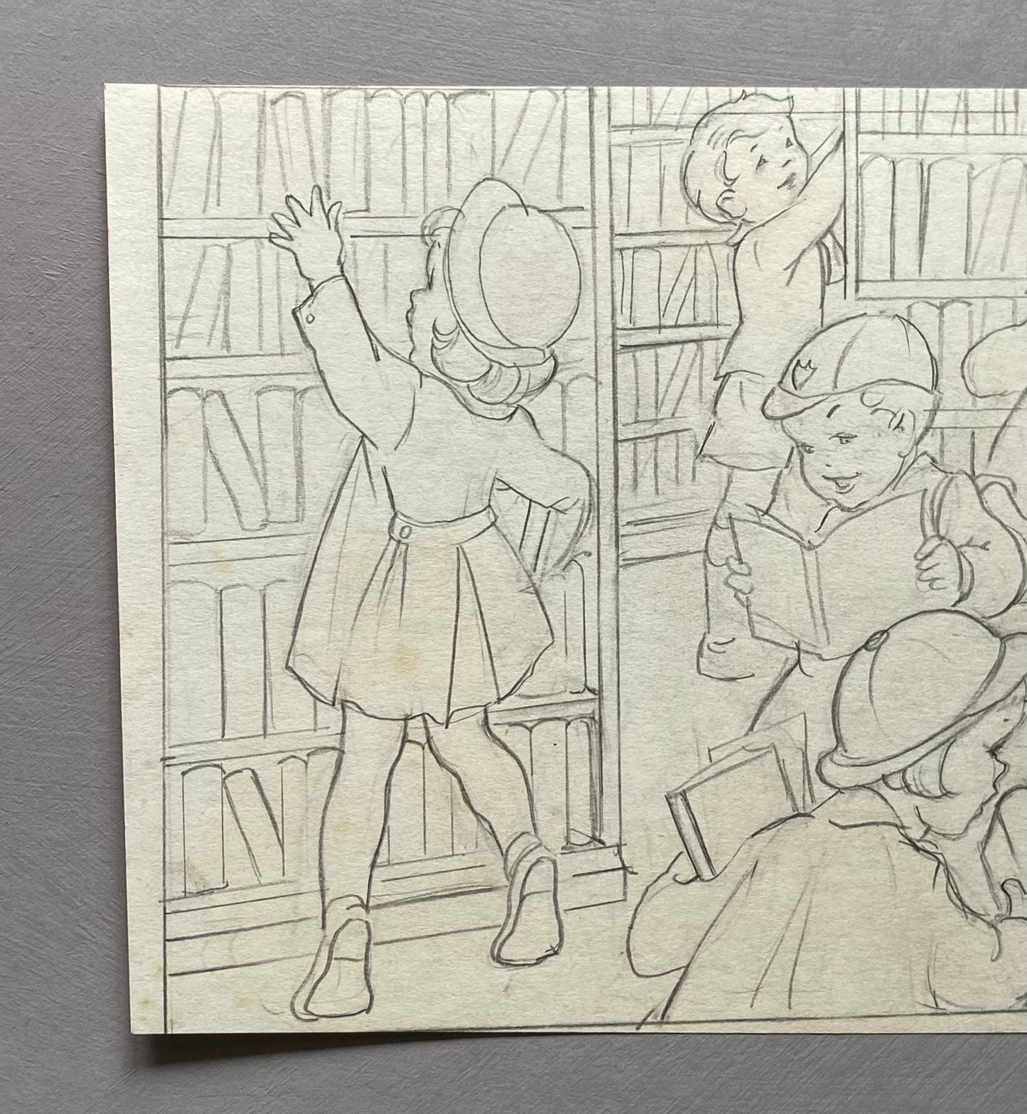 An Original Book Illustration From The 1950’s. Children at The Library. Pencil Drawing. 23 x16 cms.