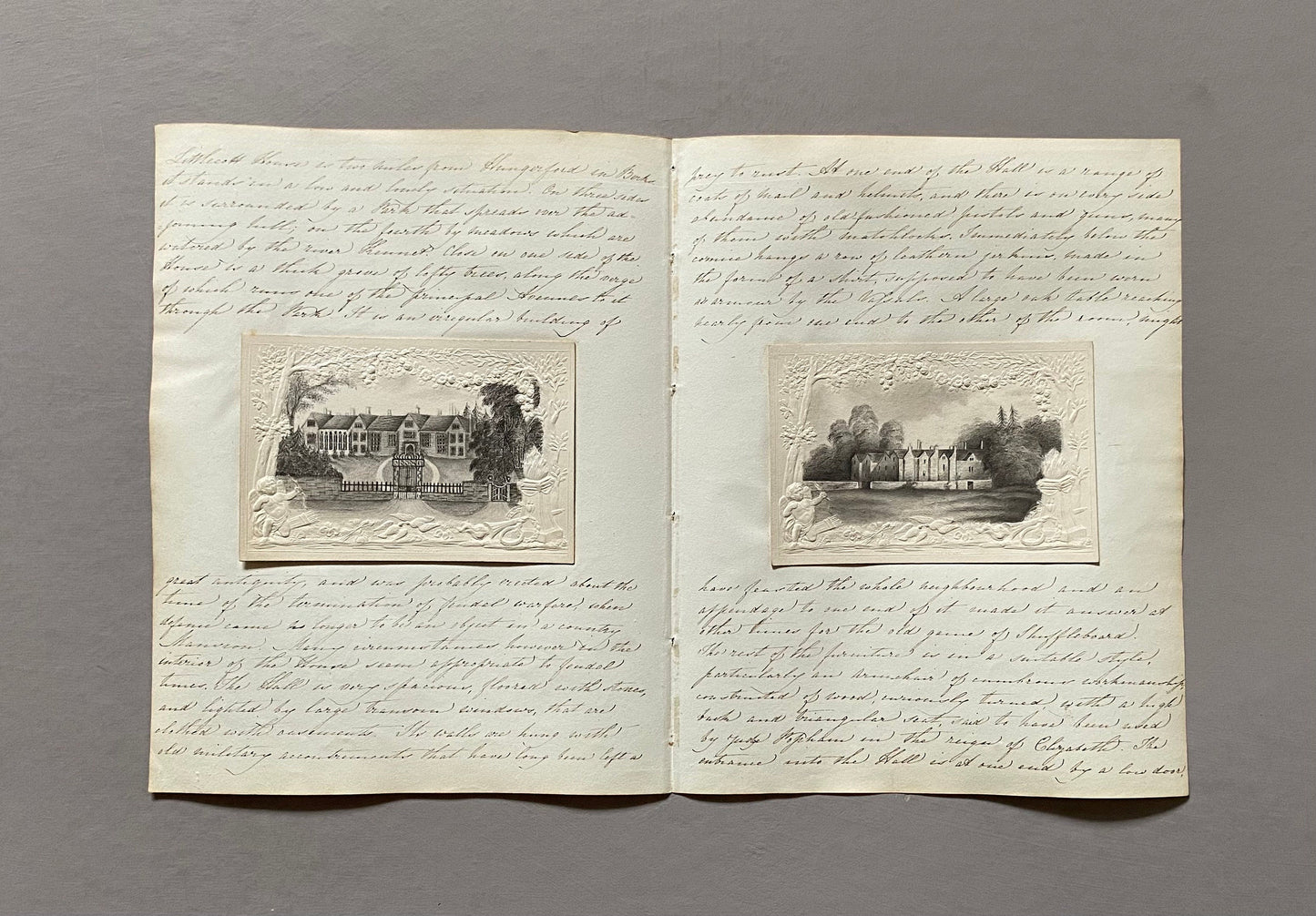 2 Drawings of Lillecott House in Berkshire plus script. Early 1800s. Size: 37.5 x 24 cms.
