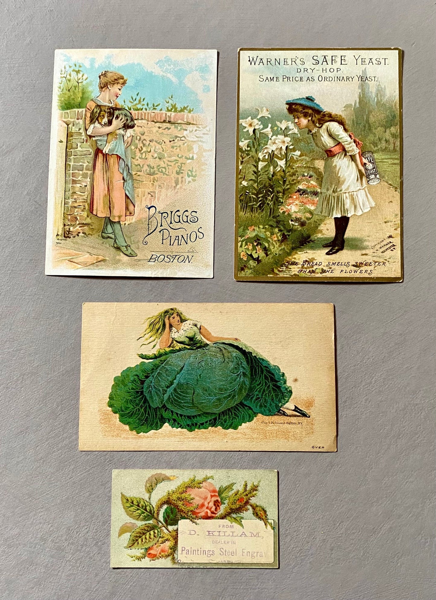 A collection of 16 American Trade Cards Dating From The Late 1800s. Largest: 13.5 x 17 cms.