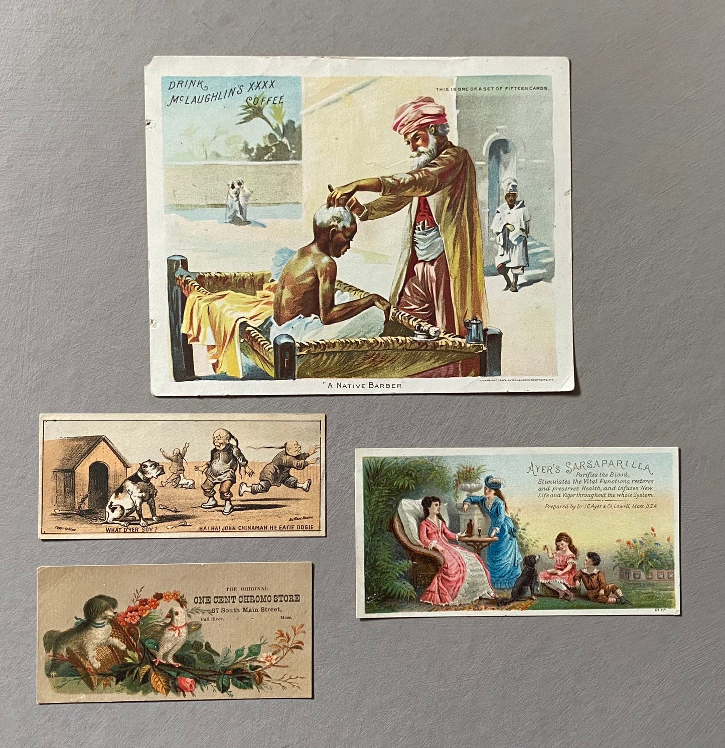 A collection of 16 American Trade Cards Dating From The Late 1800s. Largest: 13.5 x 17 cms.