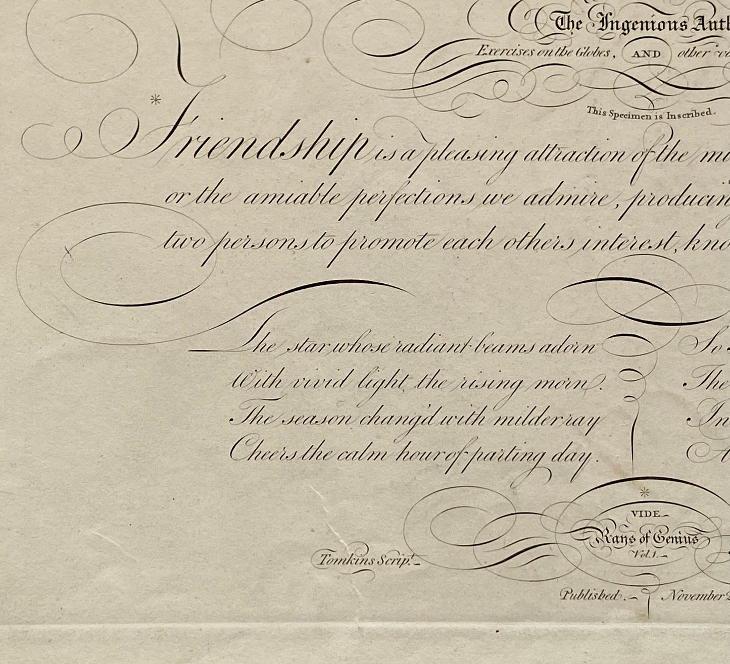 To Mr William Butler. Friendship. Calligraphy by Thomas Tomkins. From The Beauties of Writing. Published in 1808. Size: 28 x 43.7 cms