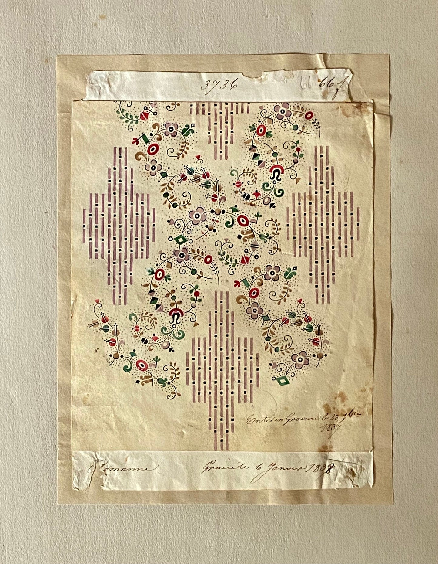 A Genuine 19th Century handpainted French Textile Design. Dated January 1838. Mounted on Antique Paper. Size: 13 x 18 cms.
