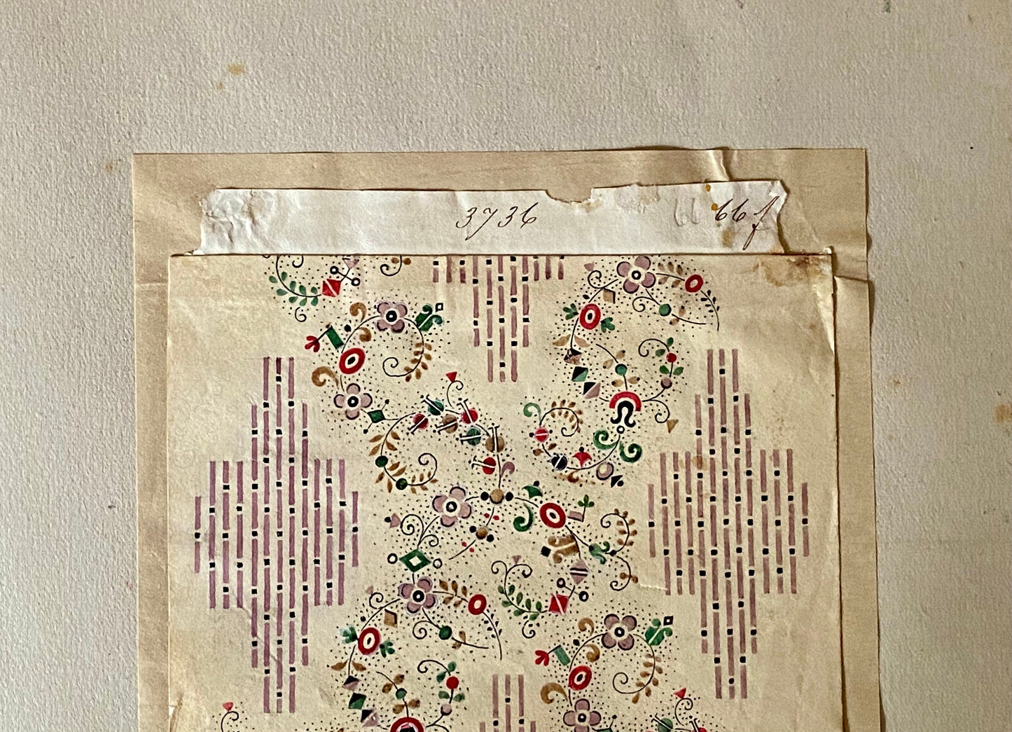 A Genuine 19th Century handpainted French Textile Design. Dated January 1838. Mounted on Antique Paper. Size: 13 x 18 cms.
