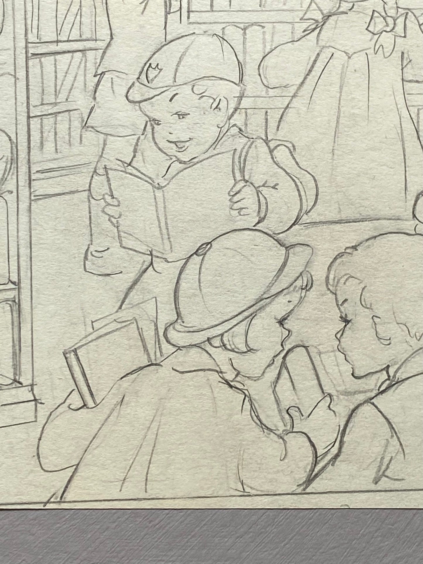 An Original Book Illustration From The 1950’s. Children at The Library. Pencil Drawing. 23 x16 cms.