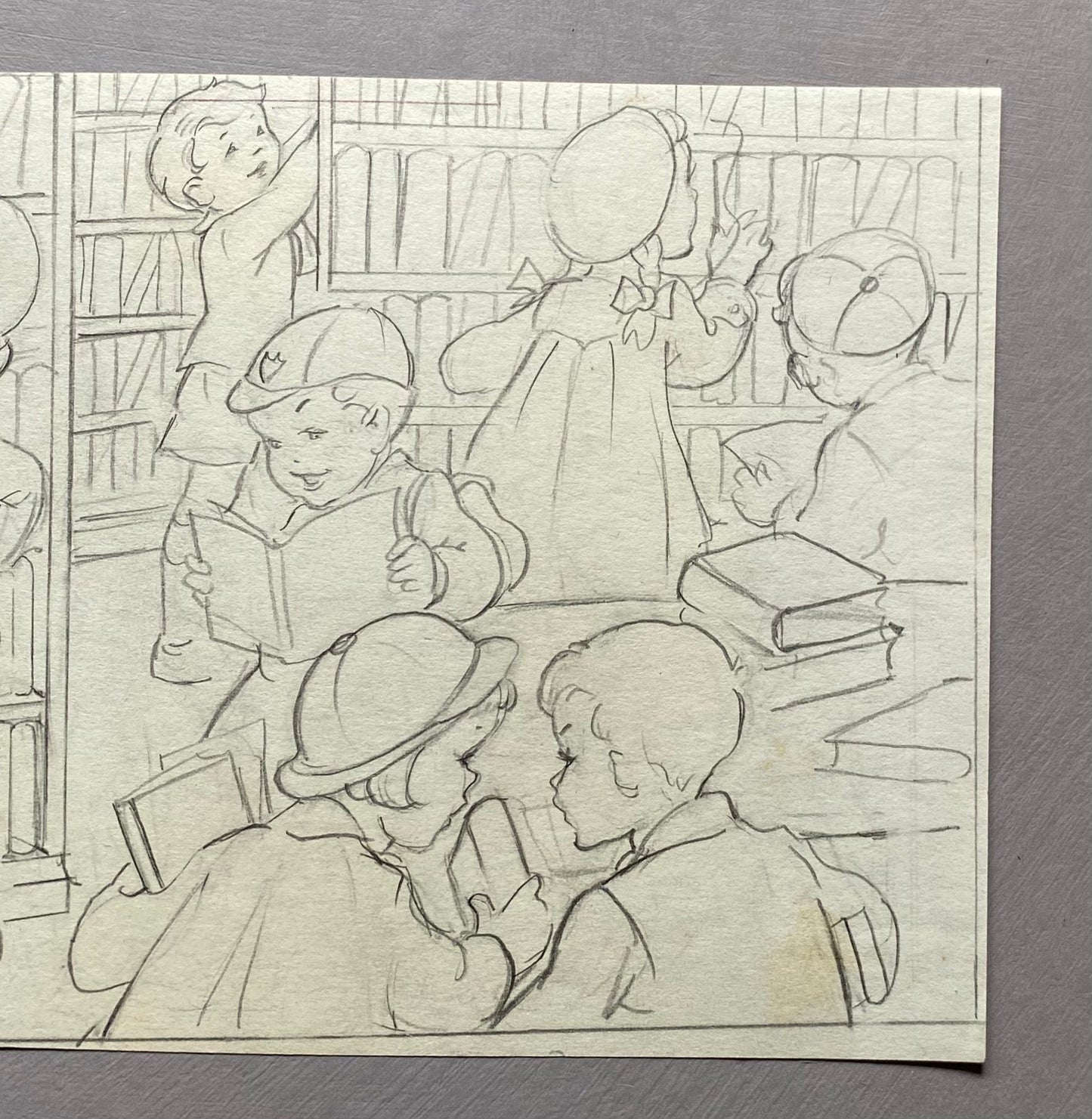 An Original Book Illustration From The 1950’s. Children at The Library. Pencil Drawing. 23 x16 cms.