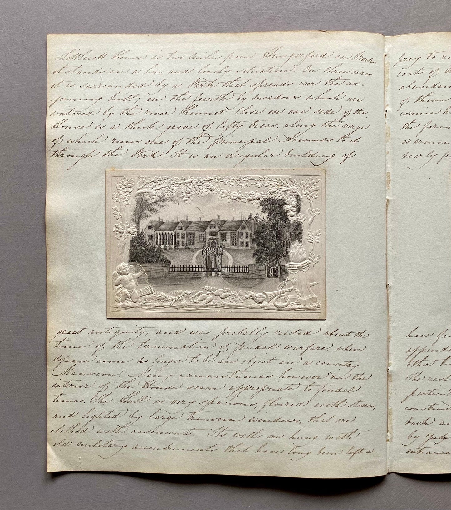 2 Drawings of Lillecott House in Berkshire plus script. Early 1800s. Size: 37.5 x 24 cms.