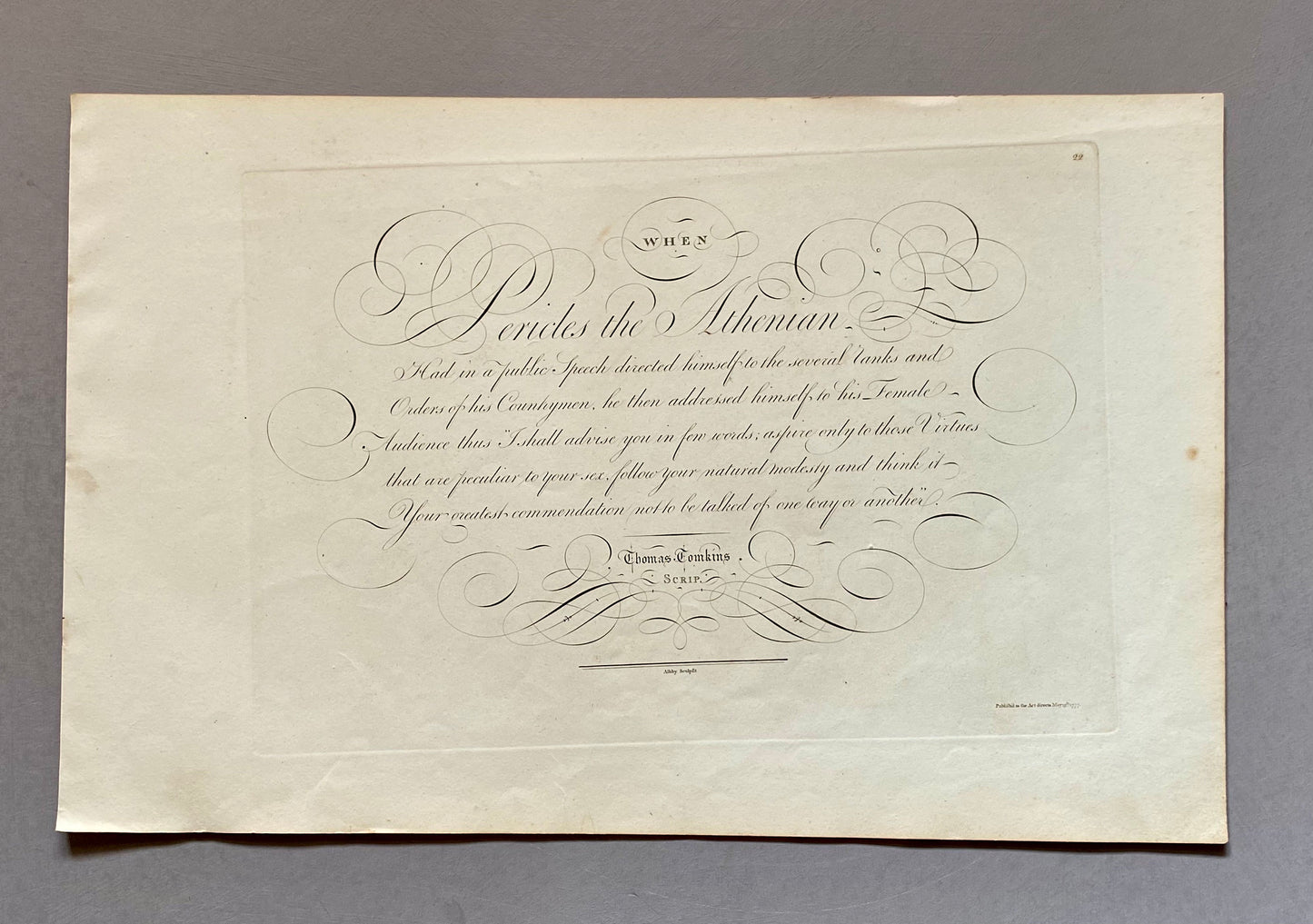 Pericles the Athenian. Calligraphy by Thomas Tomkins. From The Beauties of Writing. Published in 1808. Size: 28 x 43.7 cms