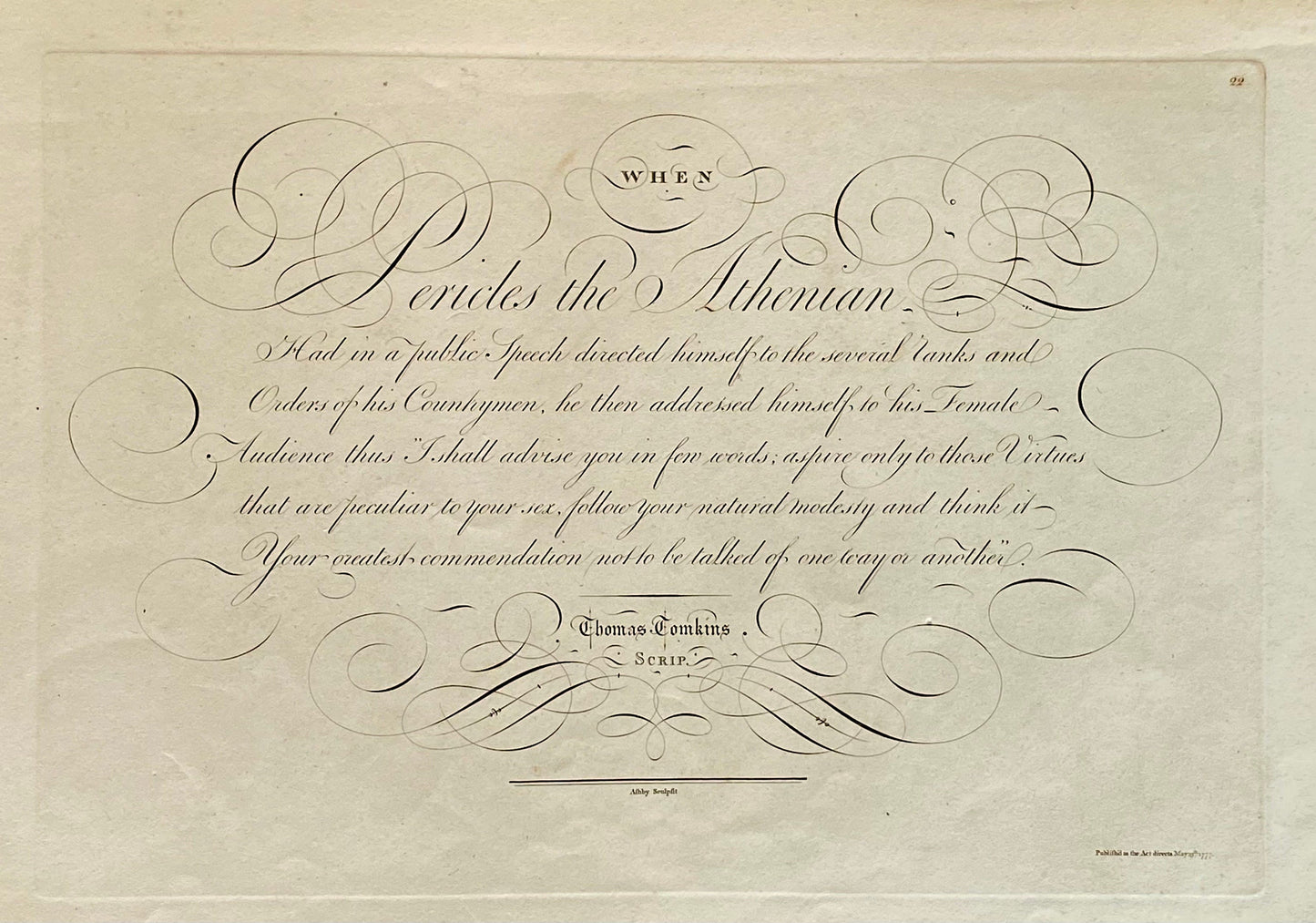 Pericles the Athenian. Calligraphy by Thomas Tomkins. From The Beauties of Writing. Published in 1808. Size: 28 x 43.7 cms