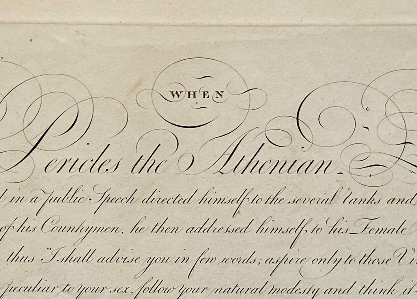 Pericles the Athenian. Calligraphy by Thomas Tomkins. From The Beauties of Writing. Published in 1808. Size: 28 x 43.7 cms