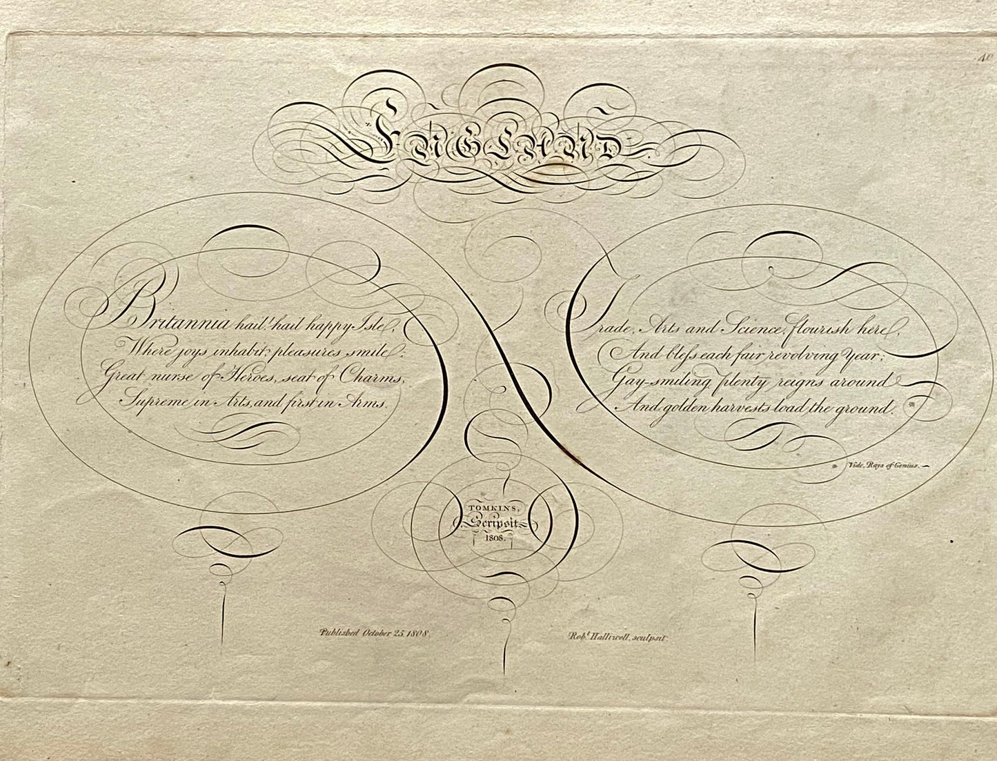 England. Calligraphy by Thomas Tomkins. From The Beauties of Writing. Published in 1808. Size: 28 x 43.7 cms