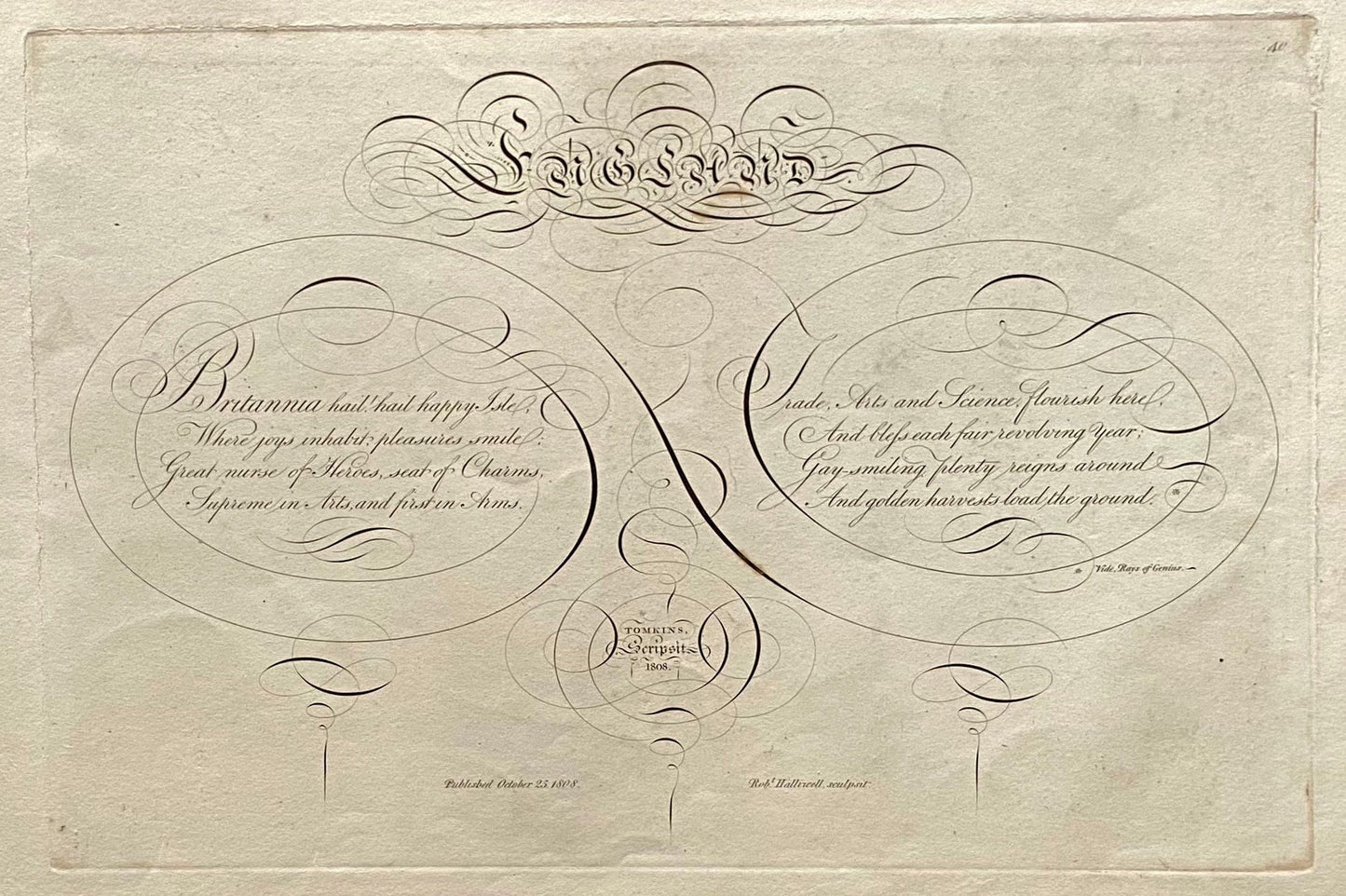 England. Calligraphy by Thomas Tomkins. From The Beauties of Writing. Published in 1808. Size: 28 x 43.7 cms