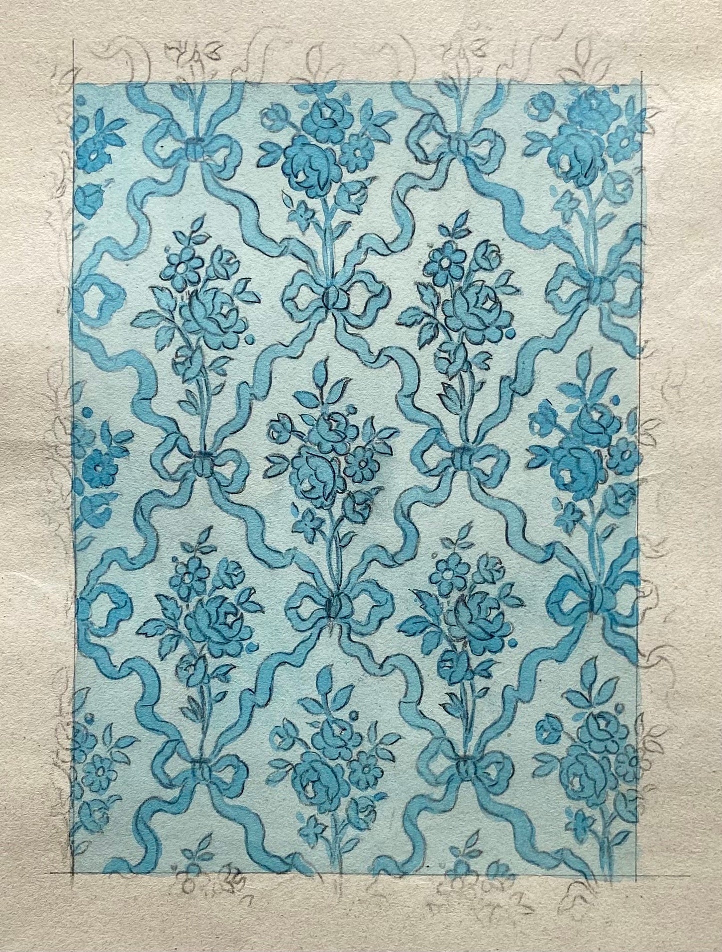 An Original Antique French Textile Design. Pale Blue Posies and Ribbons. Hand Painted. Produced in Lyon. Late 1800s. Size: 11.5 x 16 cms.