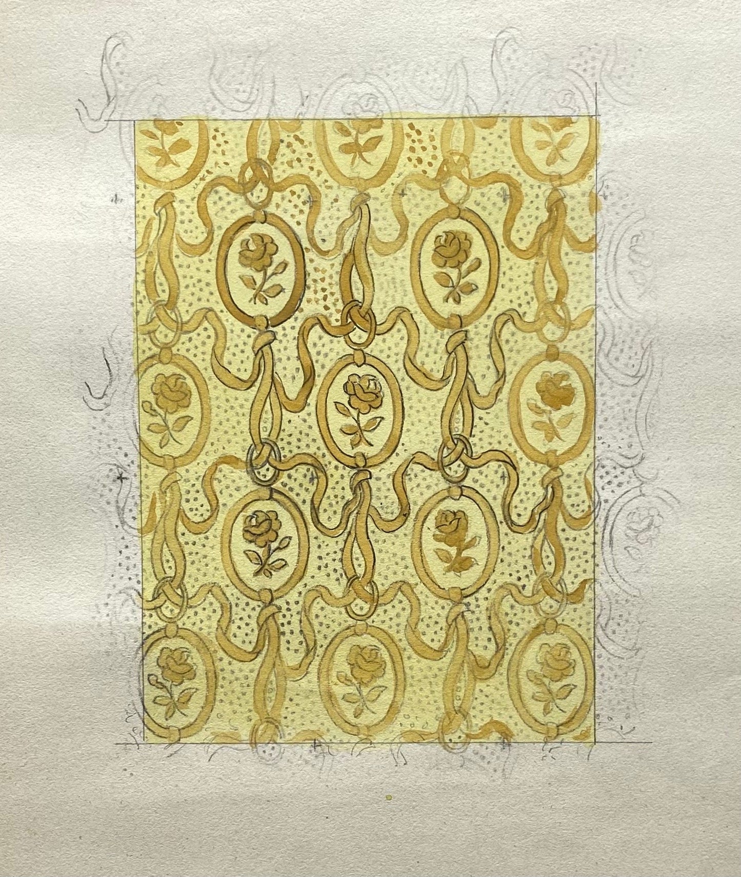An Original Antique French Textile Design. Pale Yellow Roses and Ribbons. Hand Painted. Produced in Lyon. Late 1800s. Size: 12 x 16.2 cms.