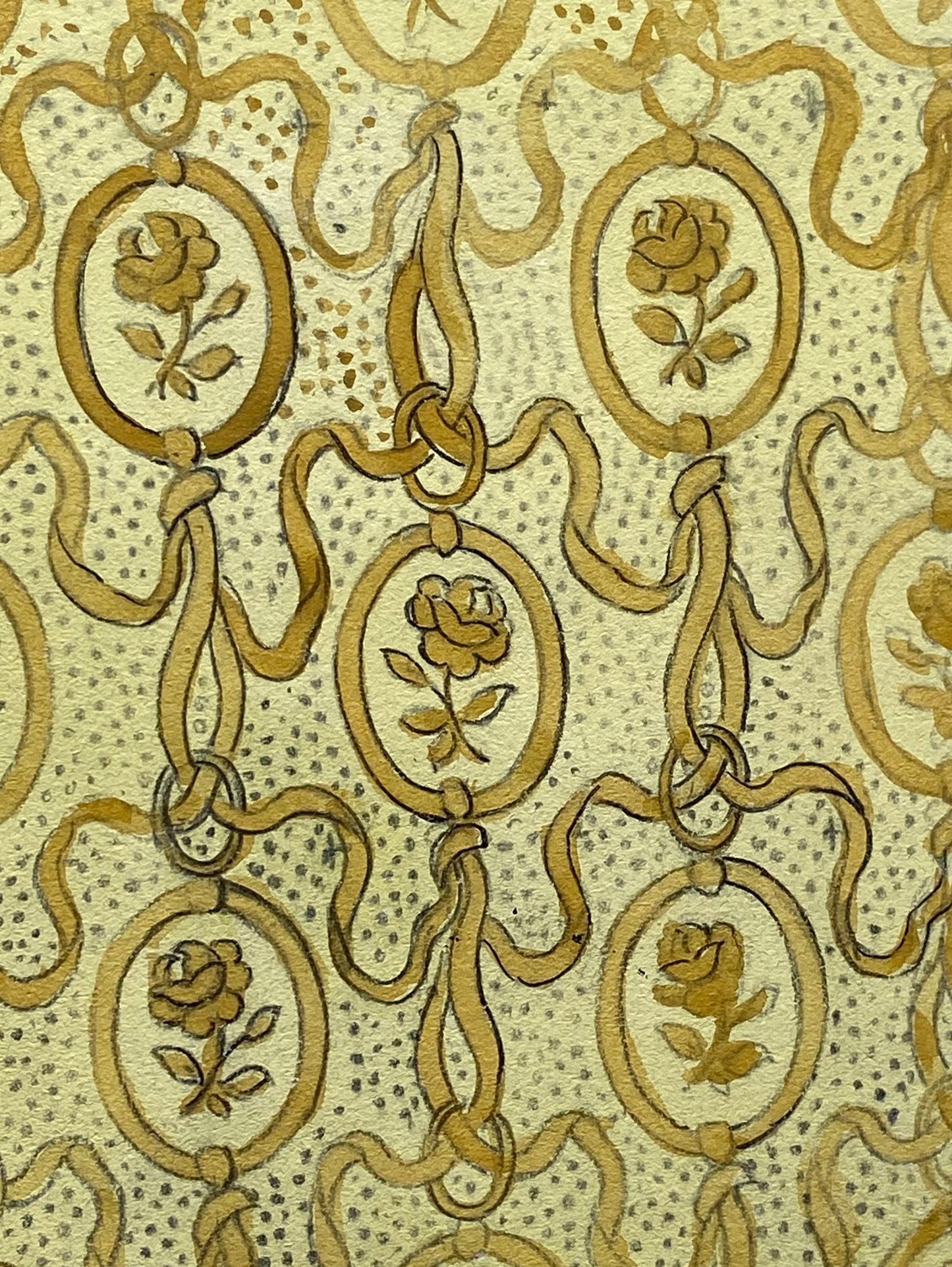 An Original Antique French Textile Design. Pale Yellow Roses and Ribbons. Hand Painted. Produced in Lyon. Late 1800s. Size: 12 x 16.2 cms.