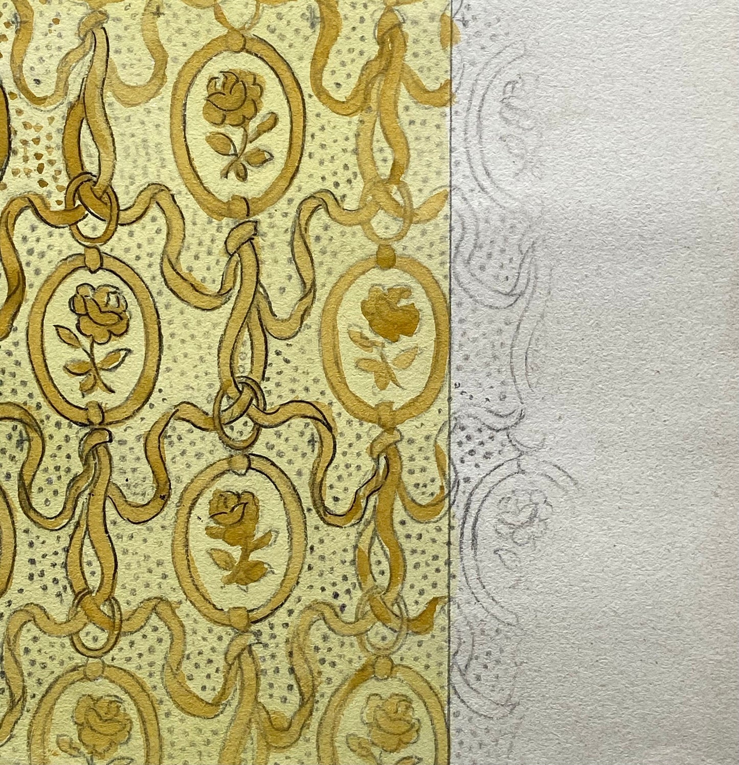 An Original Antique French Textile Design. Pale Yellow Roses and Ribbons. Hand Painted. Produced in Lyon. Late 1800s. Size: 12 x 16.2 cms.