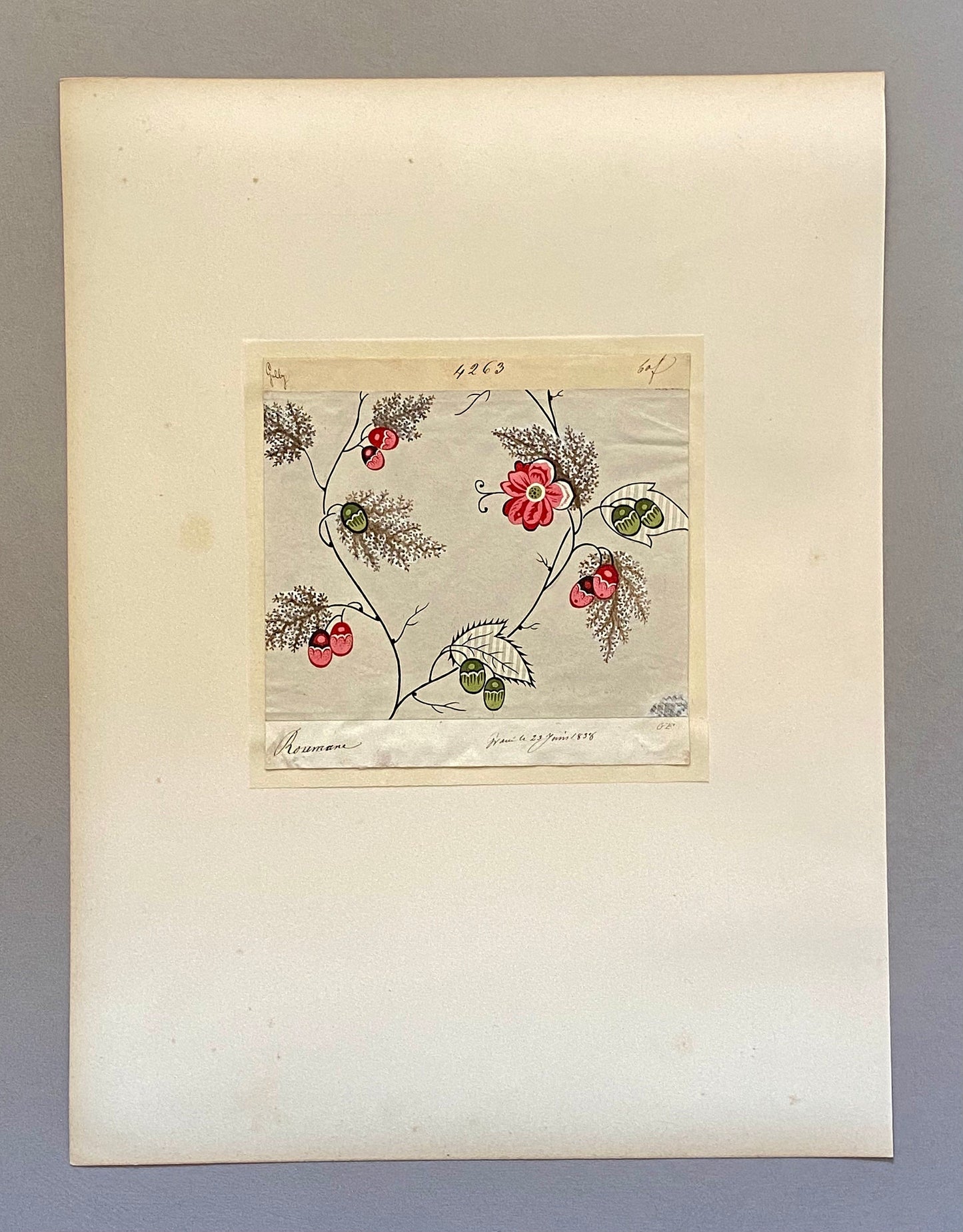 A Genuine 19th Century French Textile Design. Dated 1838. Mounted on Antique Paper. Size: 16.5 x 16.5 cms.