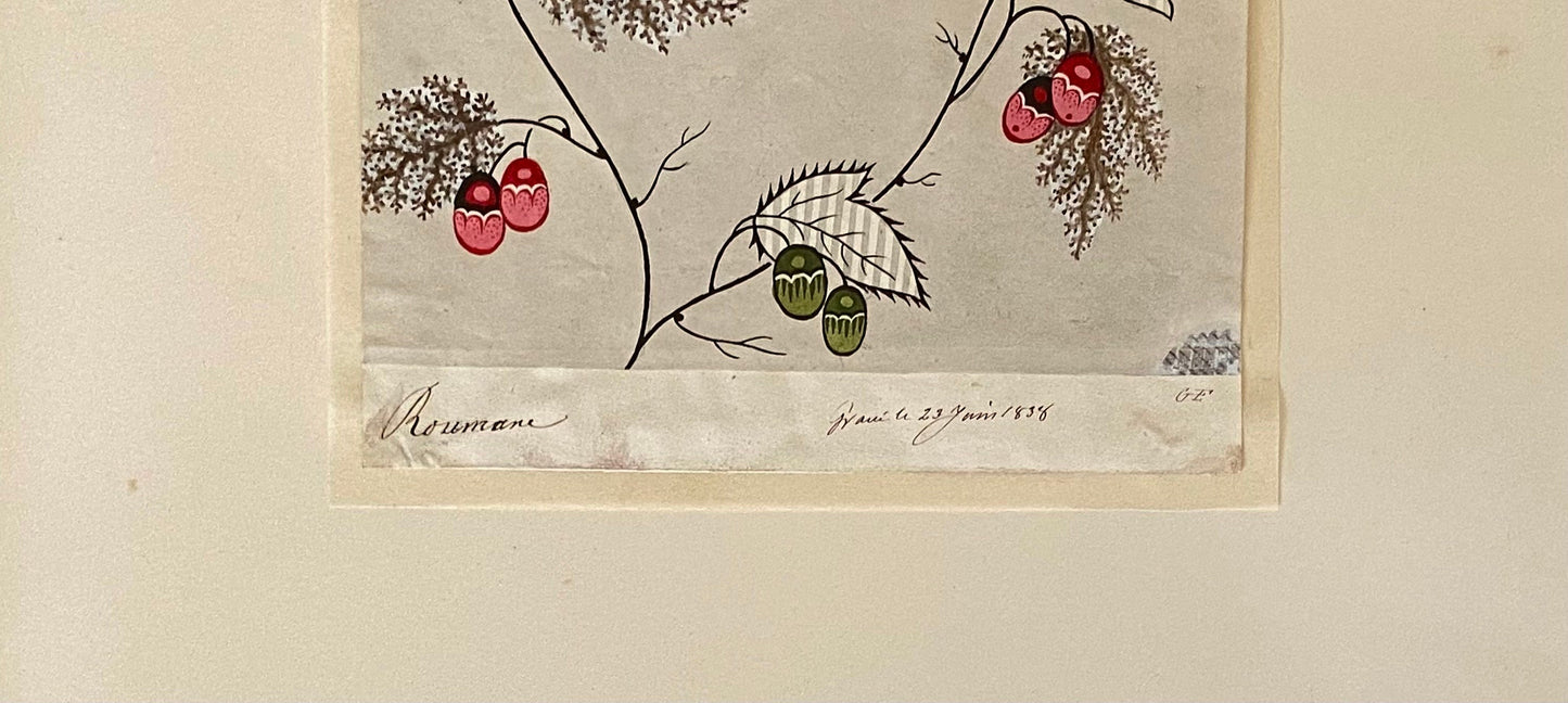A Genuine 19th Century French Textile Design. Dated 1838. Mounted on Antique Paper. Size: 16.5 x 16.5 cms.