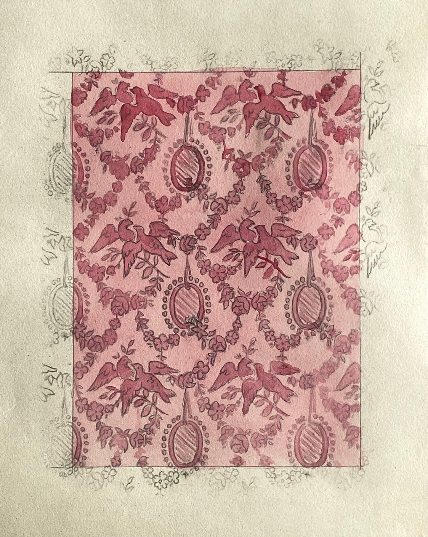 An Original Antique French Textile Design. Pink Doves. Hand Painted. Produced in Lyon. Late 1800s. Size: 10.7 x 16 cms.