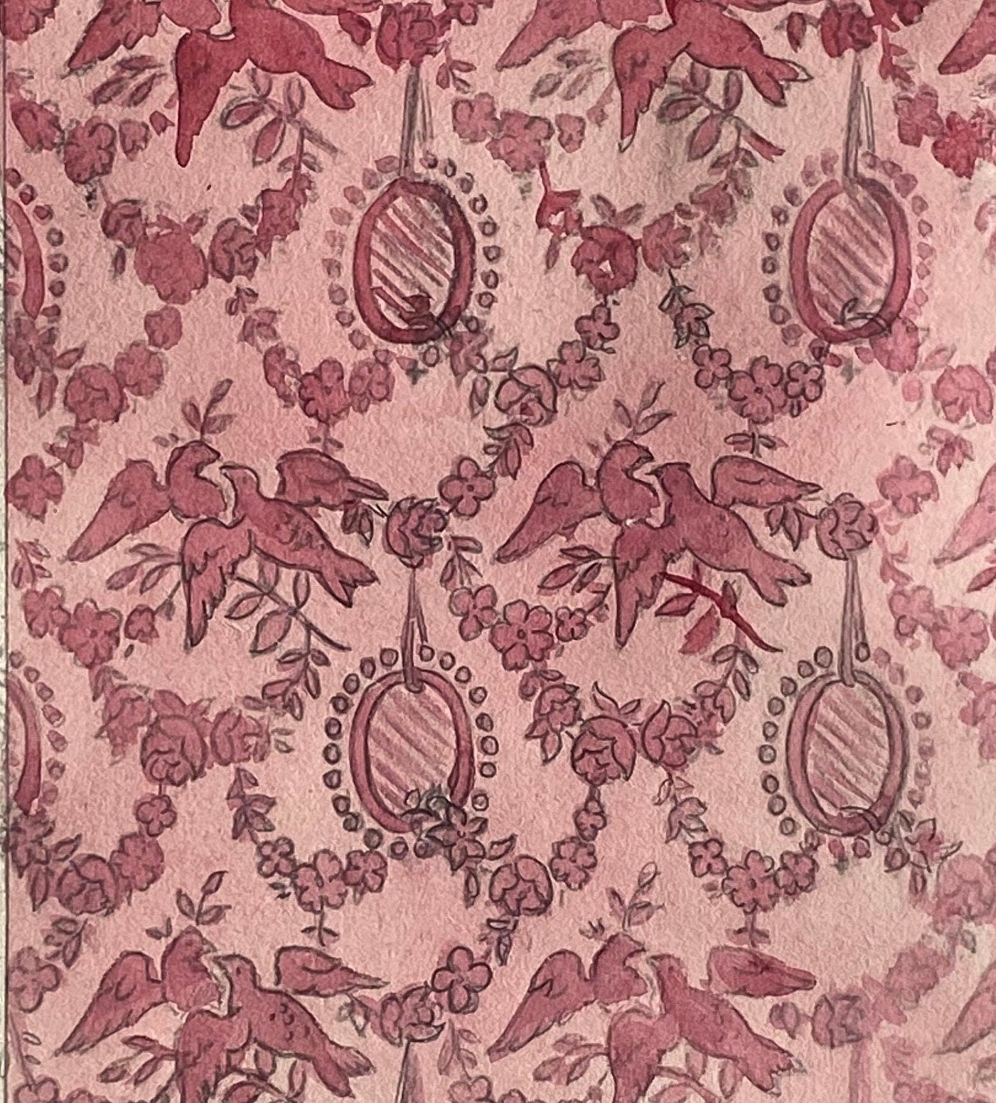 An Original Antique French Textile Design. Pink Doves. Hand Painted. Produced in Lyon. Late 1800s. Size: 10.7 x 16 cms.