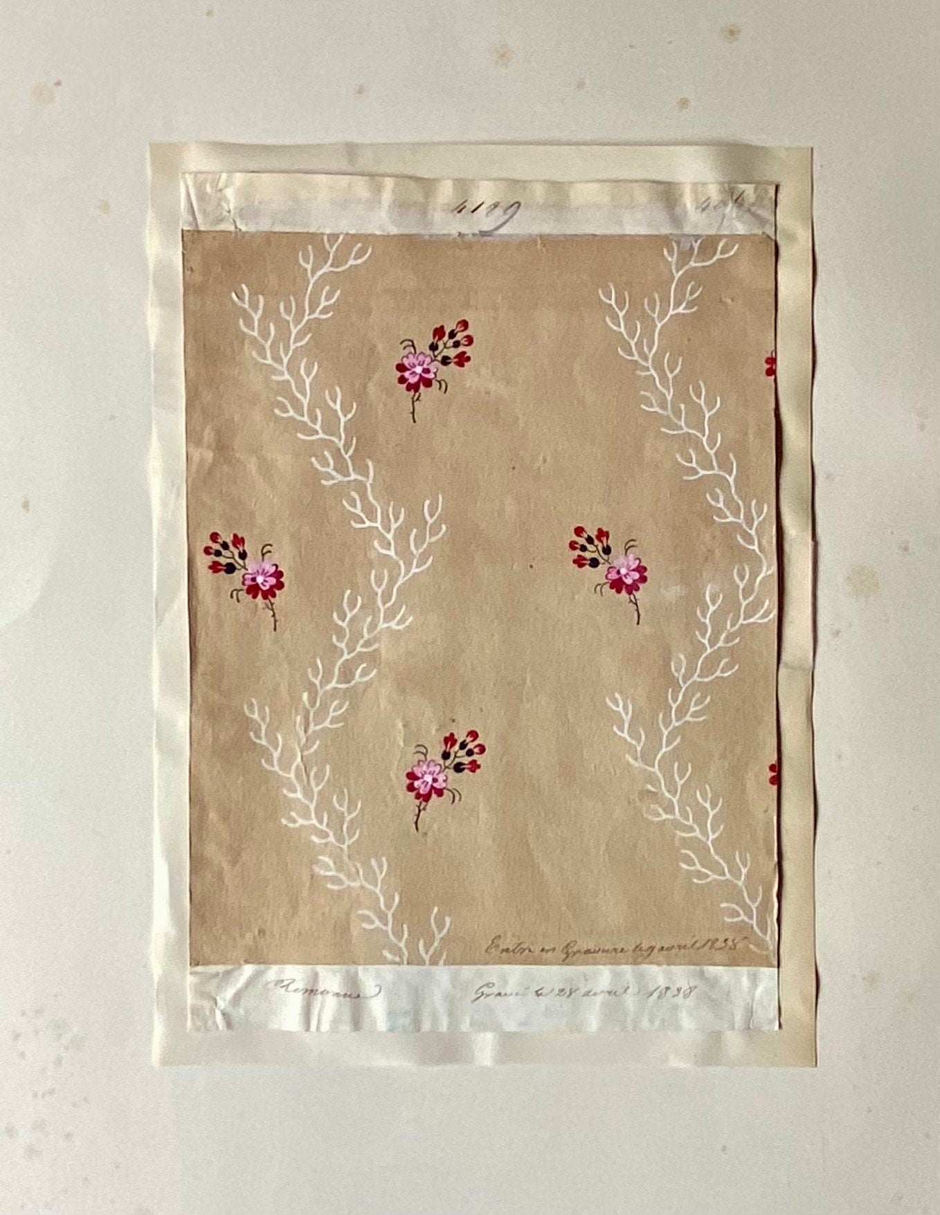A Genuine 19th Century French Textile Design. Dated 1838. Mounted on Antique Paper. Size: 14.5 x 21 cms.