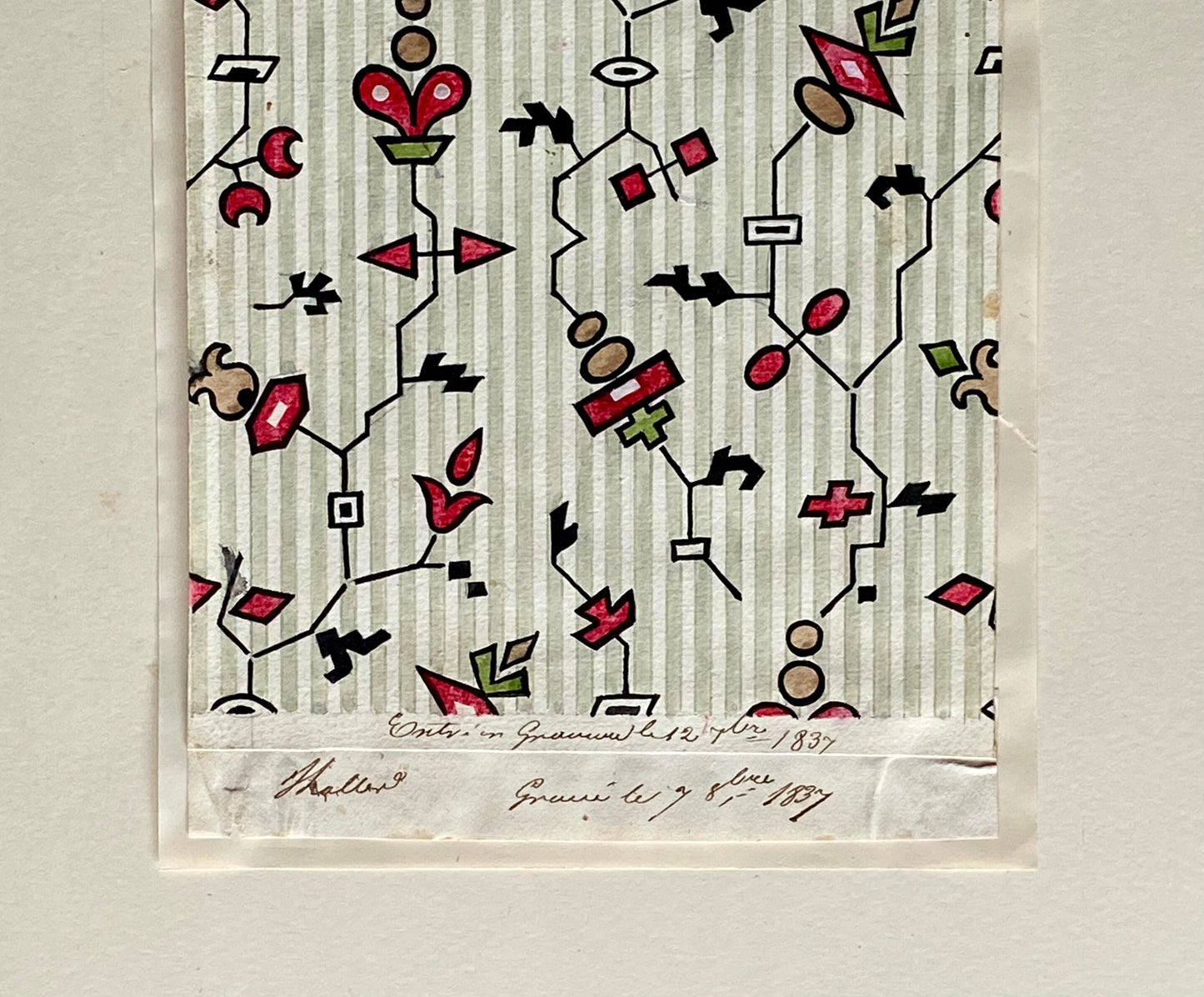 A Genuine 19th Century French Textile Design. Dated 1837. Mounted on Antique Paper. 21.8 x 12 cms.