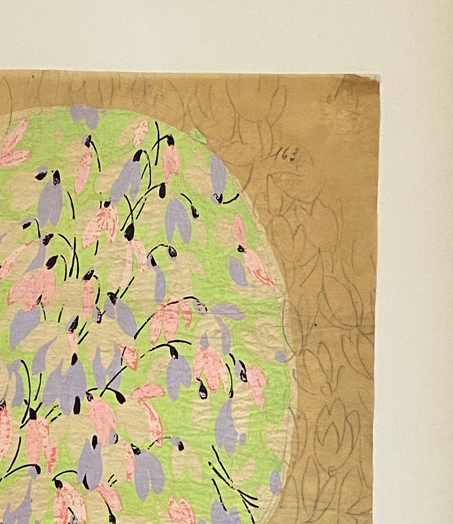 An Original Antique Textile Design. Hand Drawn and Painted. Produced in Lyon, France in the 1930s. Large: 26.5 x 25.5 cms.