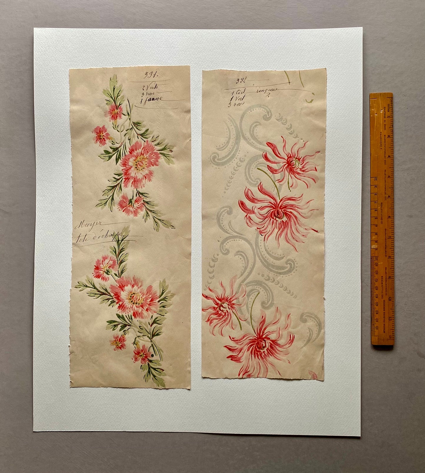 Two Original Annotated Antique Textile Designs. Hand Printed. Produced in Lyon, France in 1890. Large: 41.5 x 50 cms.