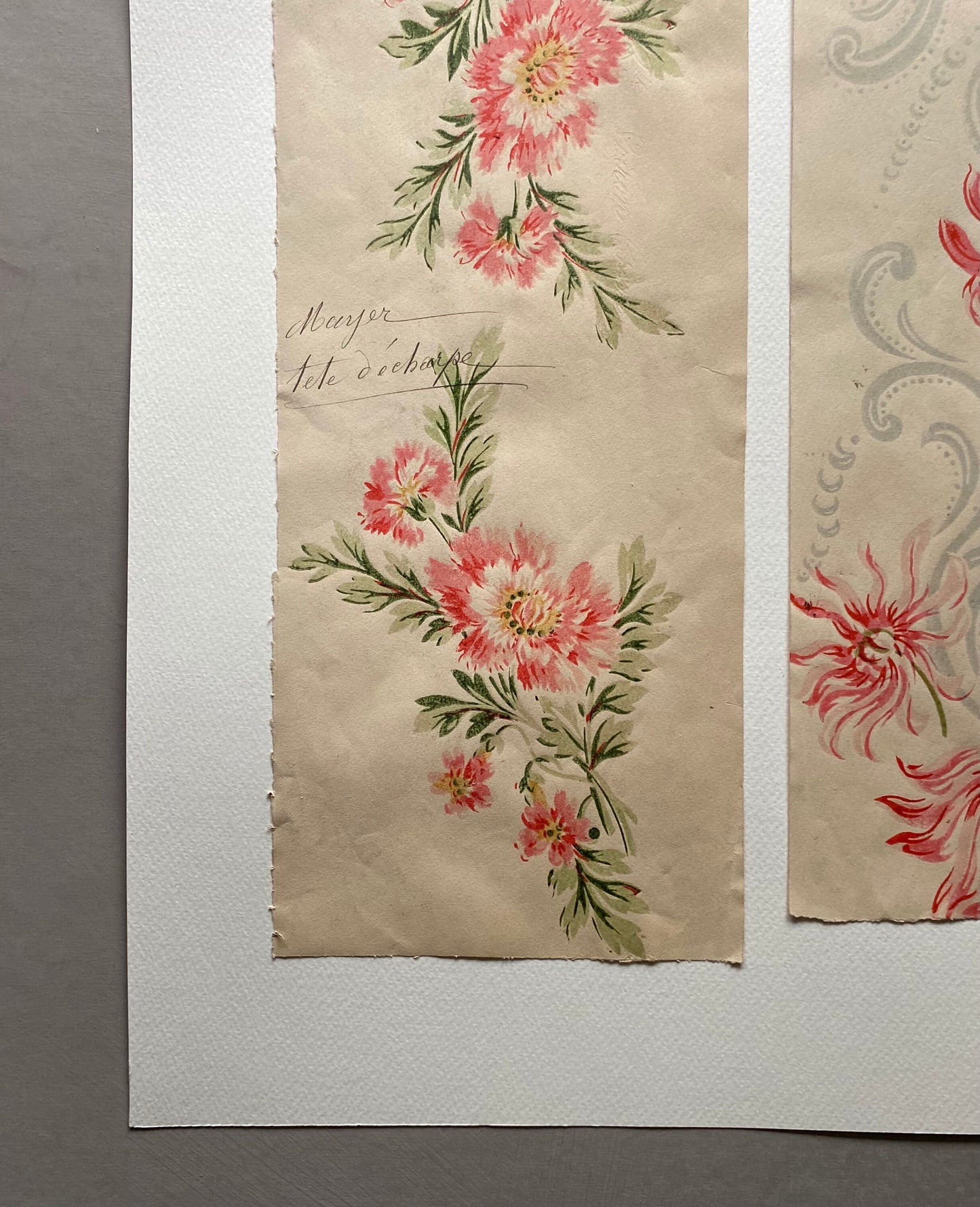 Two Original Annotated Antique Textile Designs. Hand Printed. Produced in Lyon, France in 1890. Large: 41.5 x 50 cms.