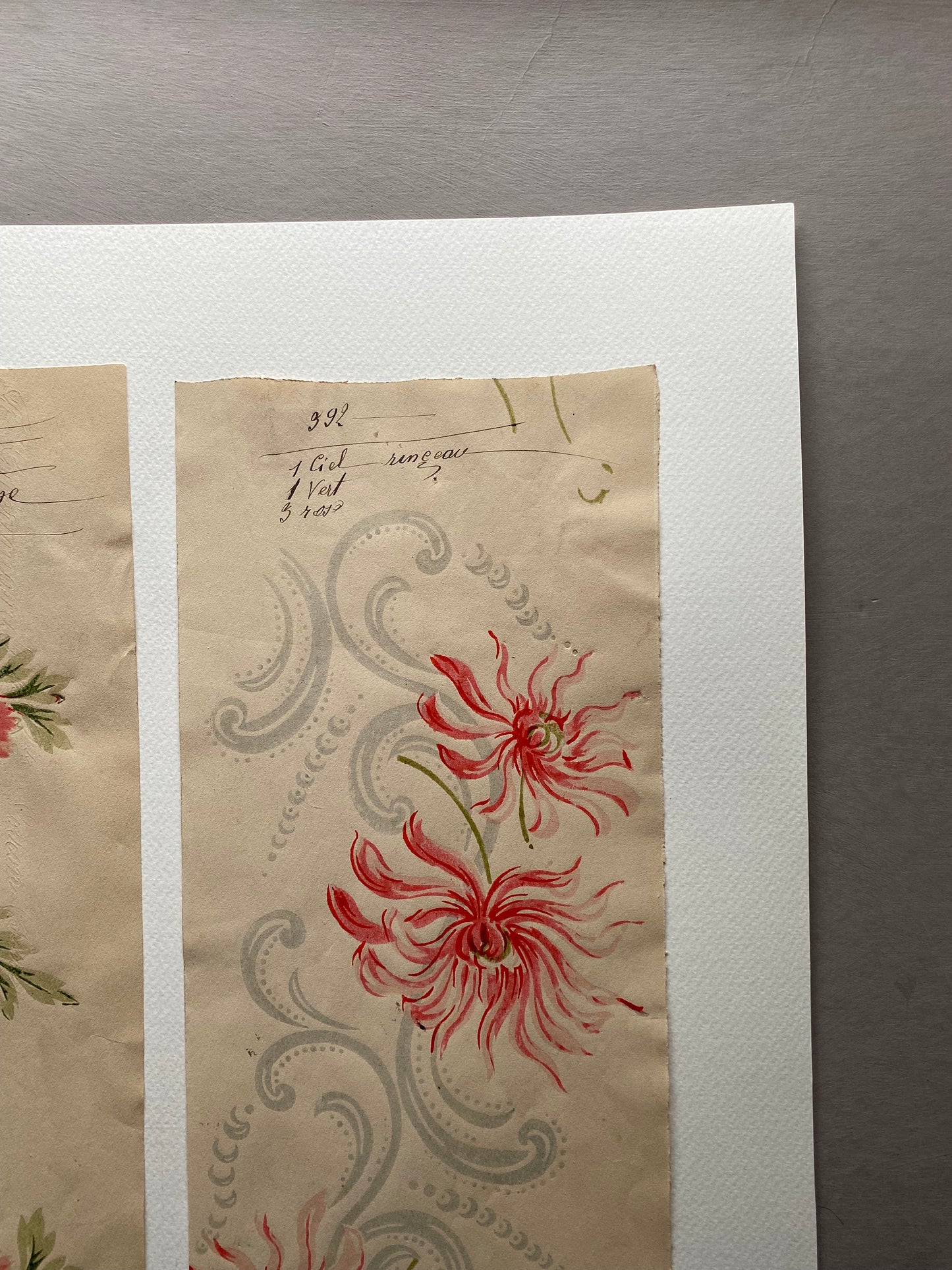 Two Original Annotated Antique Textile Designs. Hand Printed. Produced in Lyon, France in 1890. Large: 41.5 x 50 cms.