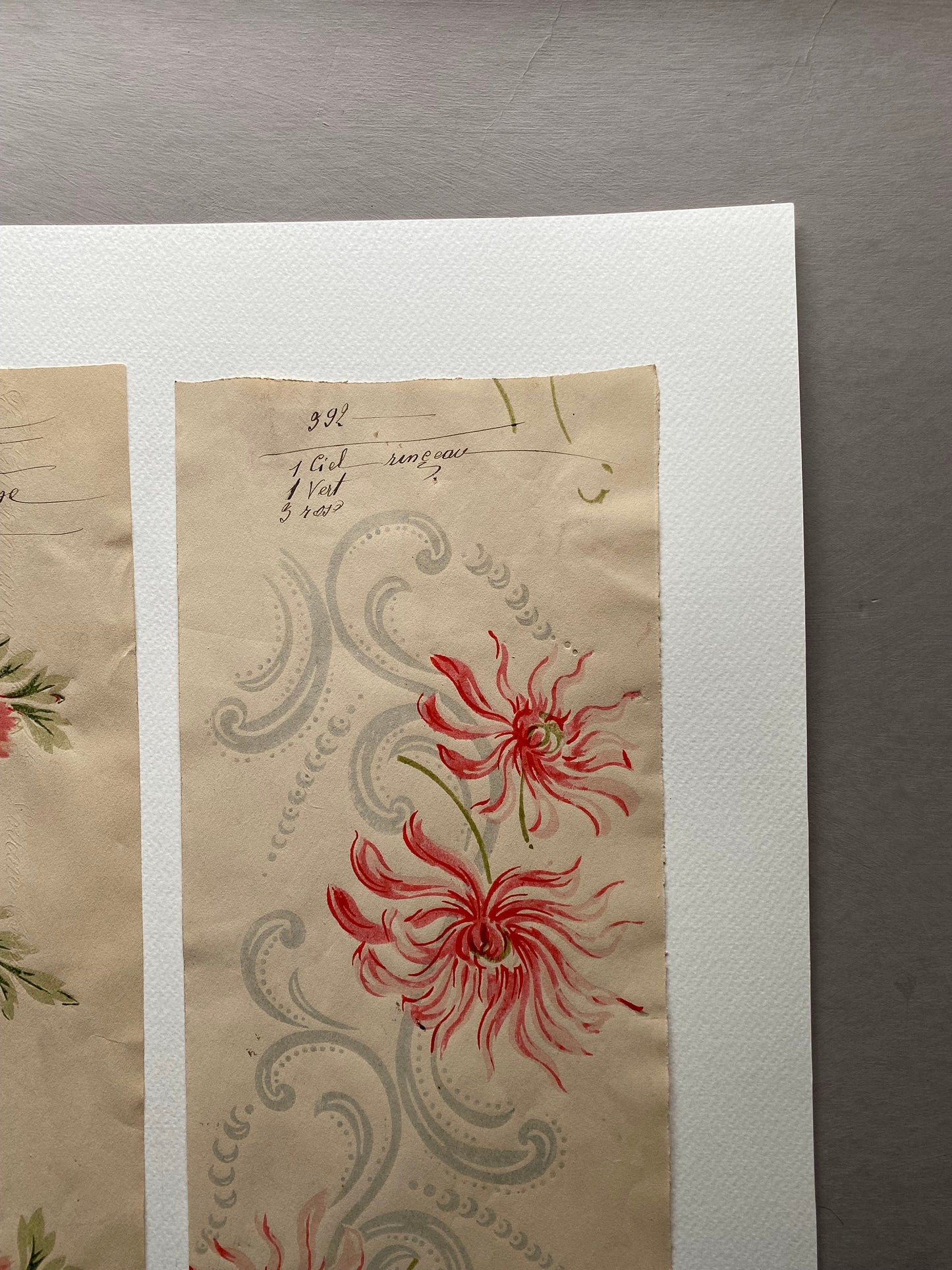 Two Original Annotated Antique Textile Designs. Hand Printed. Produced in Lyon, France in 1890. Large: 41.5 x 50 cms.