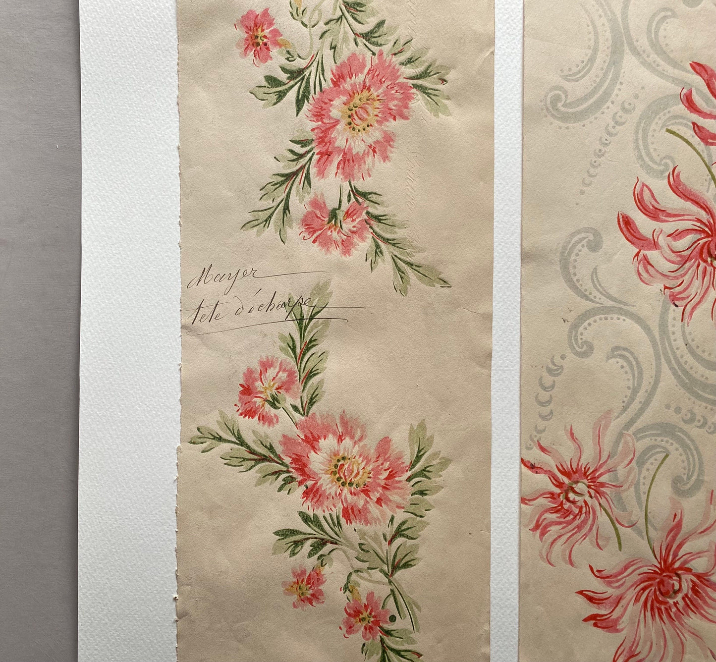 Two Original Annotated Antique Textile Designs. Hand Printed. Produced in Lyon, France in 1890. Large: 41.5 x 50 cms.