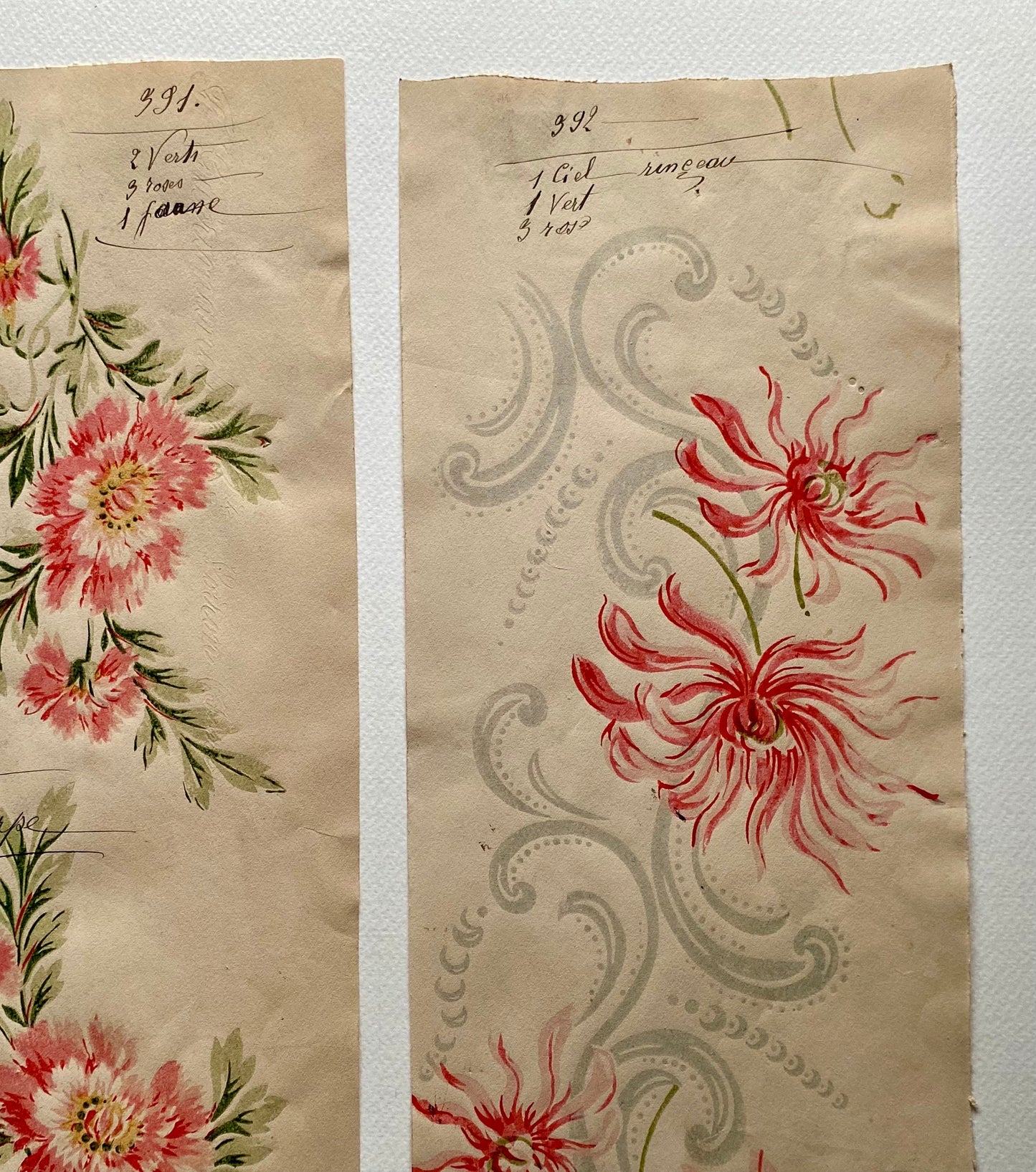 Two Original Annotated Antique Textile Designs. Hand Printed. Produced in Lyon, France in 1890. Large: 41.5 x 50 cms.