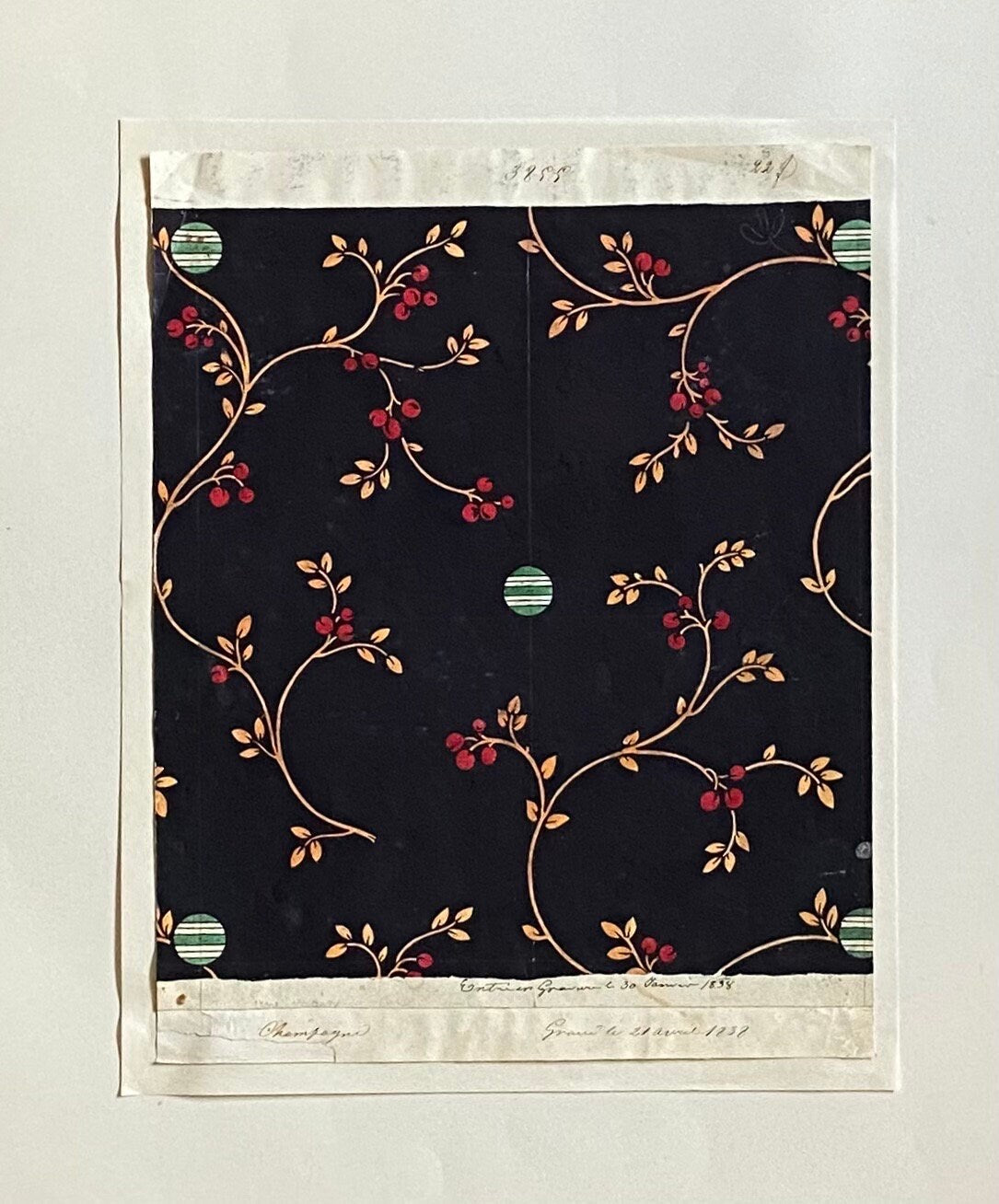 A Genuine 19th Century handpainted French Textile Design. Dated 1837. Mounted on Antique Paper. 16.3 x 14.5 cms.