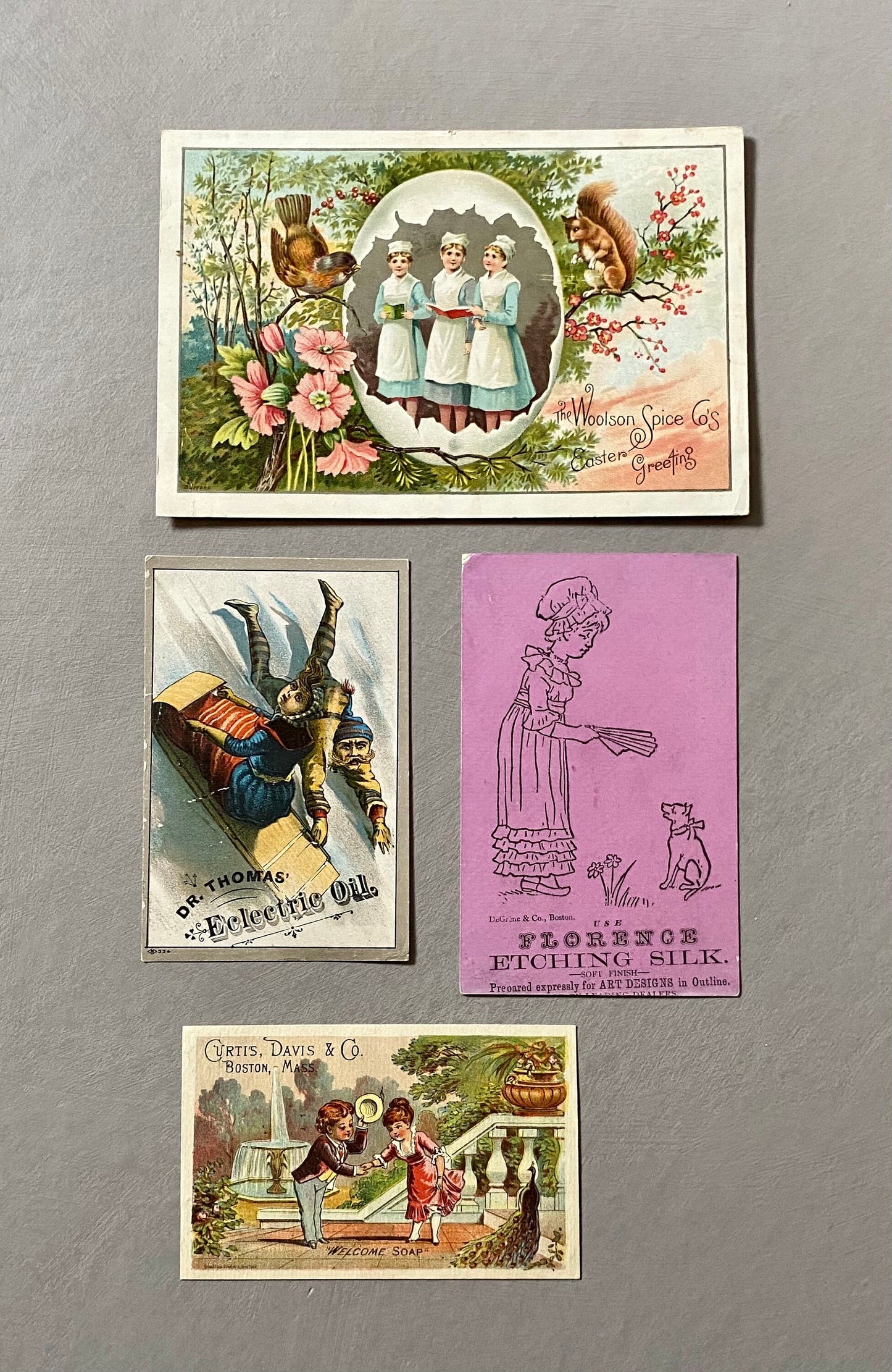 A collection of 16 American Trade Cards Dating From The Late 1800s. Largest: 13.5 x 17 cms.