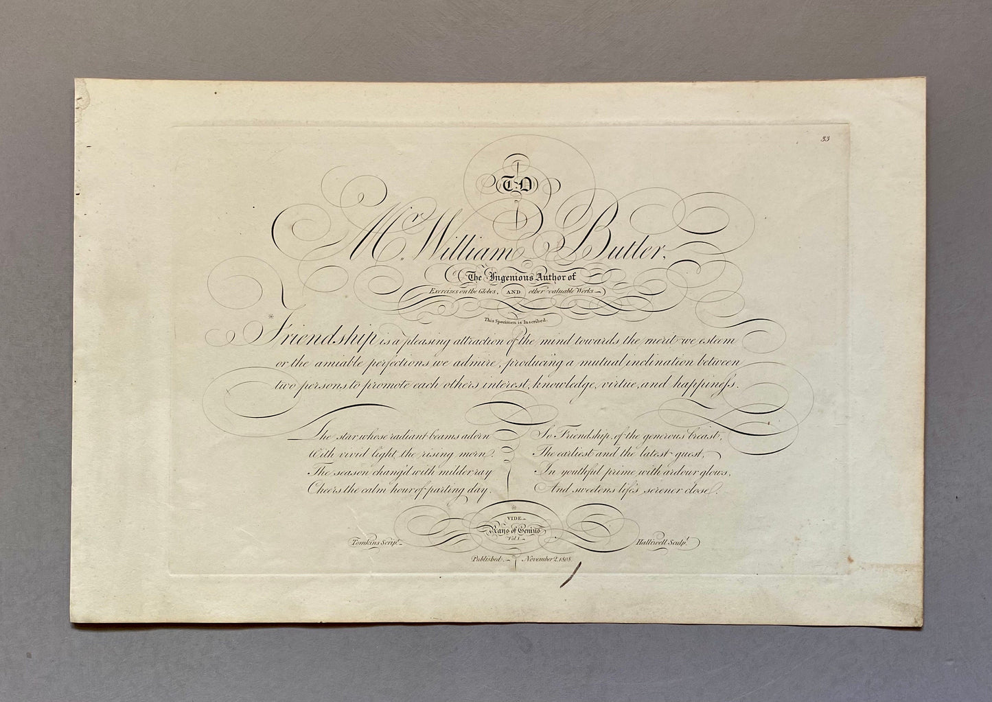 To Mr William Butler. Friendship. Calligraphy by Thomas Tomkins. From The Beauties of Writing. Published in 1808. Size: 28 x 43.7 cms