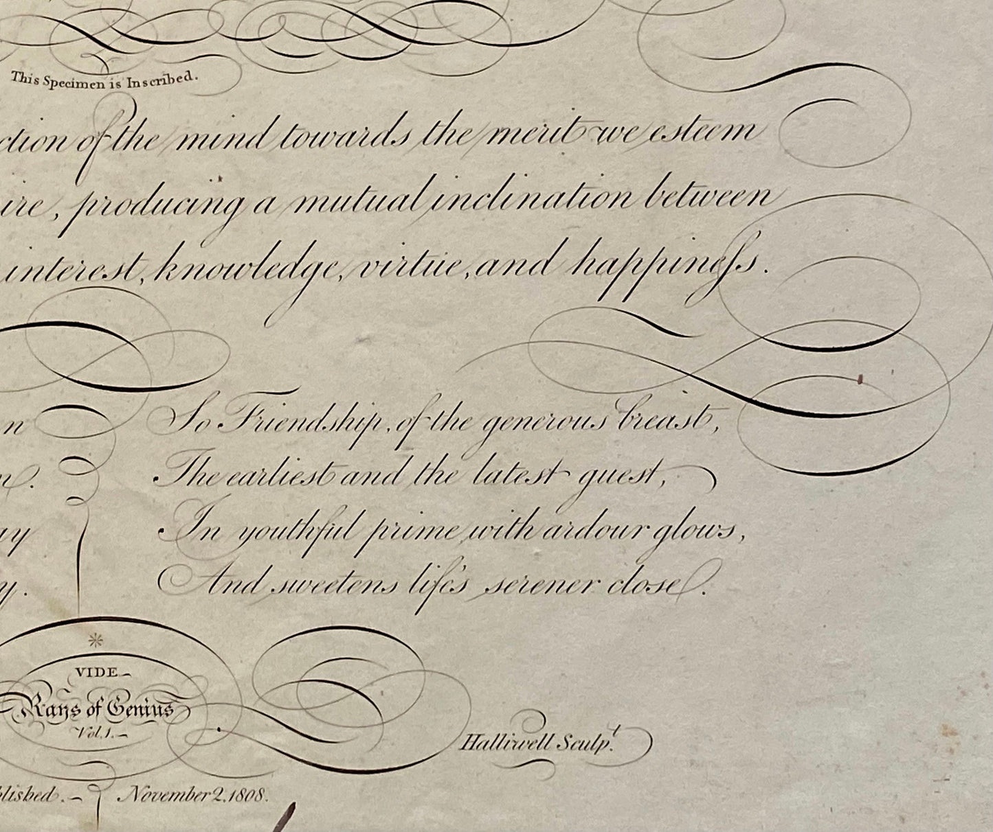 To Mr William Butler. Friendship. Calligraphy by Thomas Tomkins. From The Beauties of Writing. Published in 1808. Size: 28 x 43.7 cms