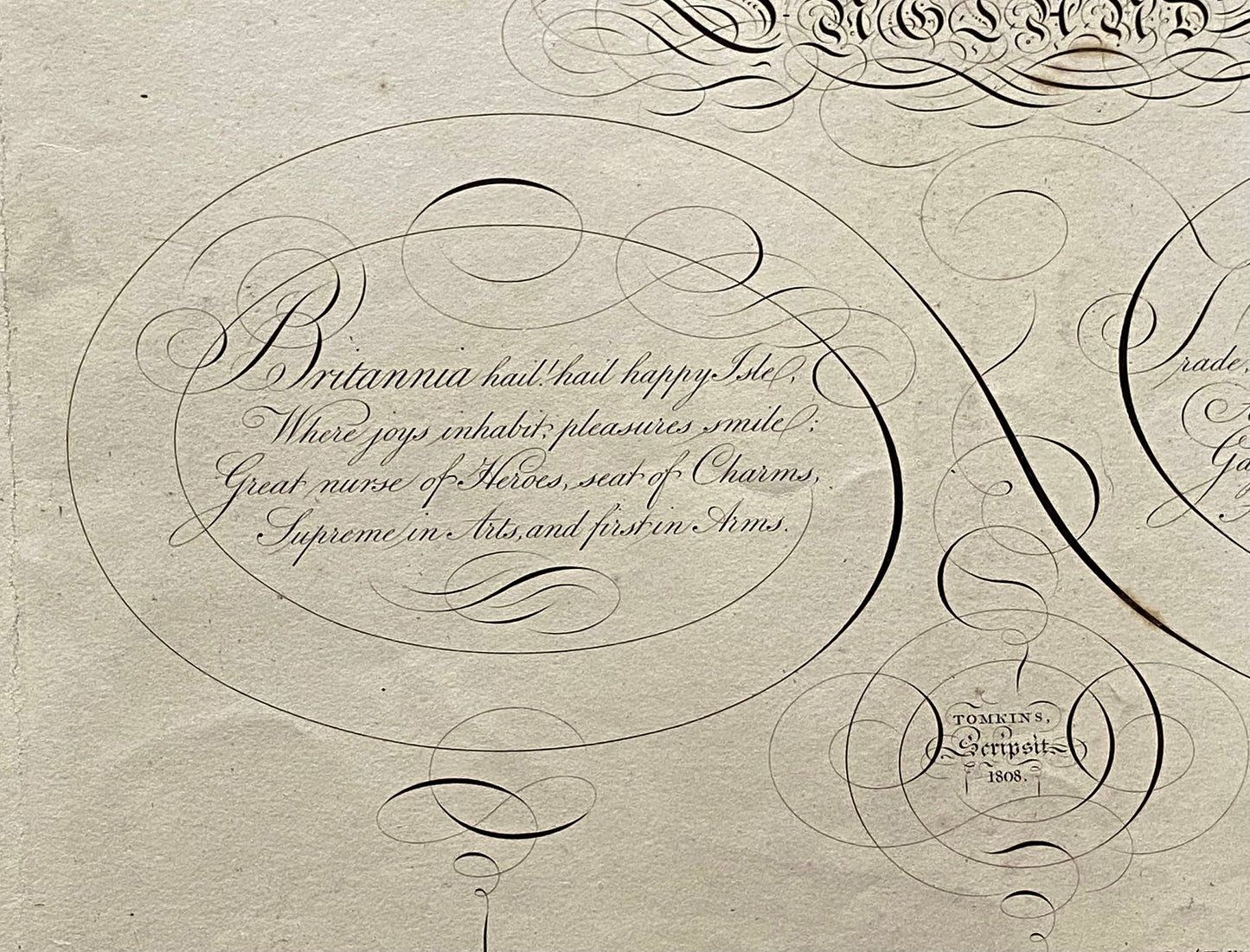 England. Calligraphy by Thomas Tomkins. From The Beauties of Writing. Published in 1808. Size: 28 x 43.7 cms
