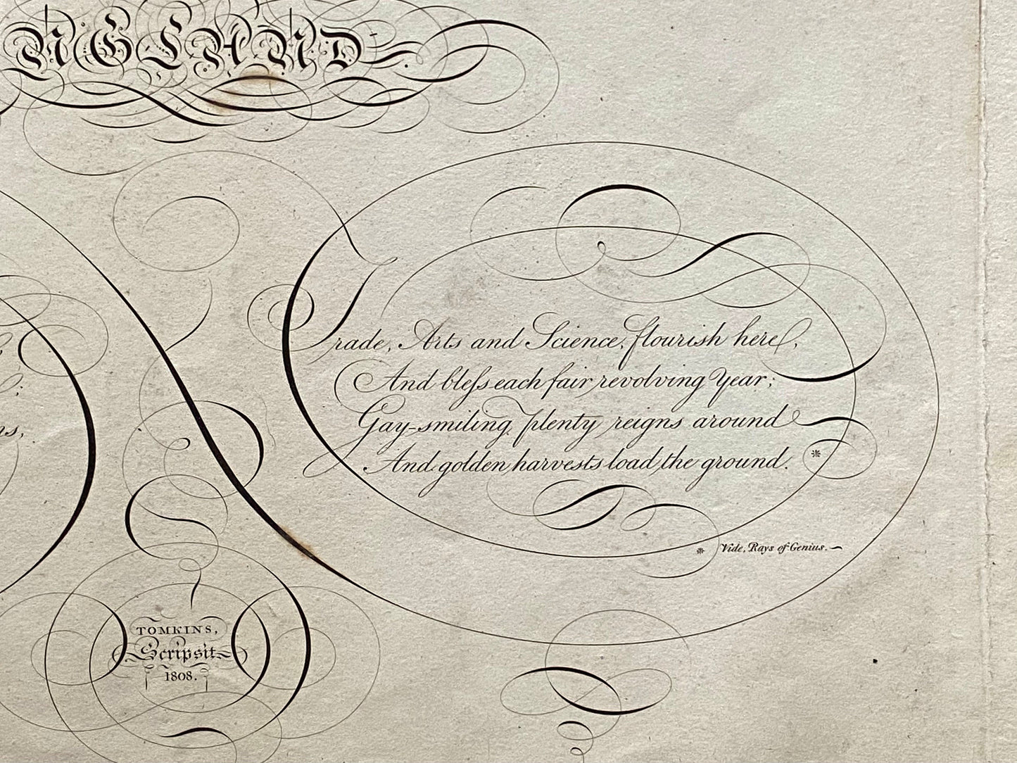 England. Calligraphy by Thomas Tomkins. From The Beauties of Writing. Published in 1808. Size: 28 x 43.7 cms