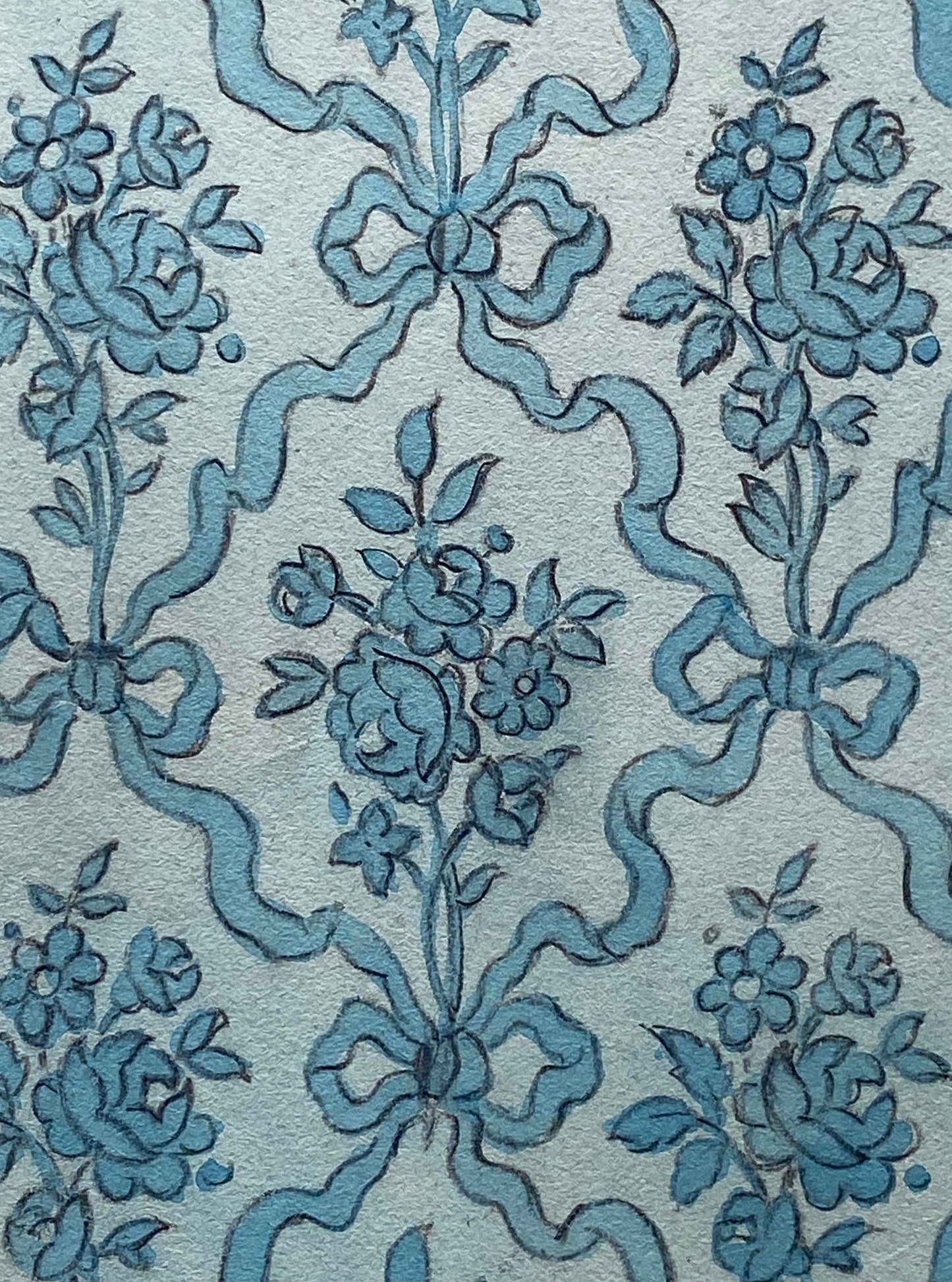 An Original Antique French Textile Design. Pale Blue Posies and Ribbons. Hand Painted. Produced in Lyon. Late 1800s. Size: 11.5 x 16 cms.