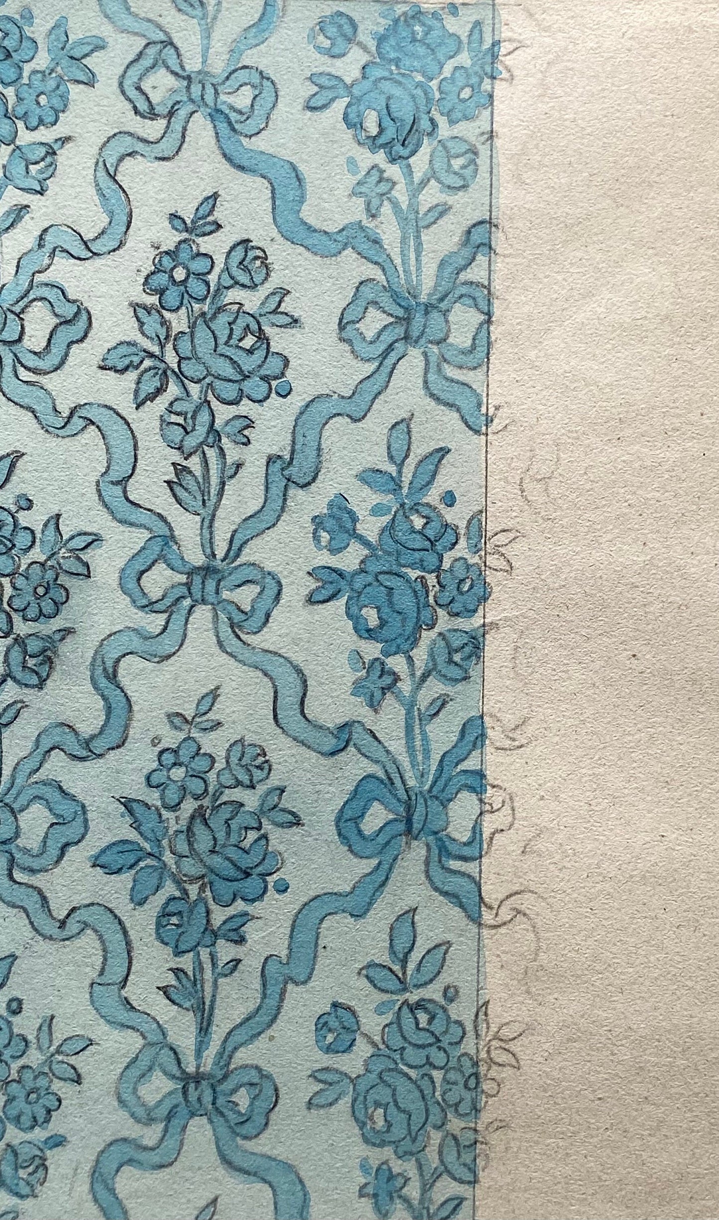 An Original Antique French Textile Design. Pale Blue Posies and Ribbons. Hand Painted. Produced in Lyon. Late 1800s. Size: 11.5 x 16 cms.
