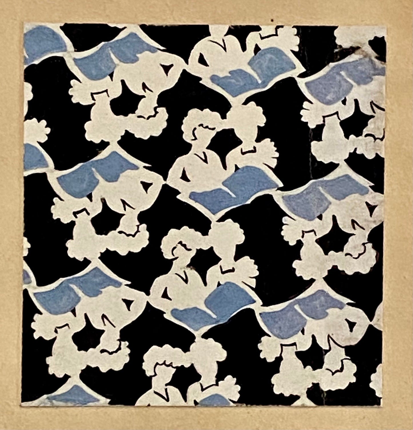 An Original Antique French Textile Design. Girls Reading. Hand Painted. Produced in Lyon. Early 1900s. Size: 5.5 x 5.8 cms.