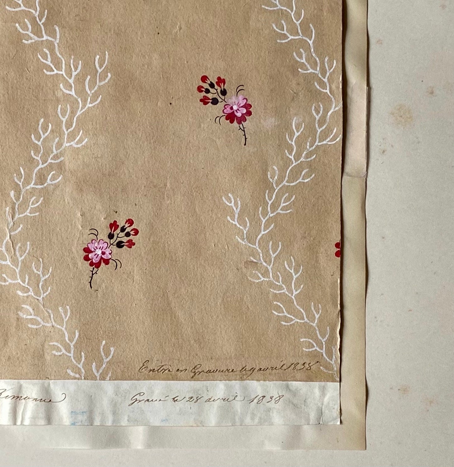 A Genuine 19th Century French Textile Design. Dated 1838. Mounted on Antique Paper. Size: 14.5 x 21 cms.