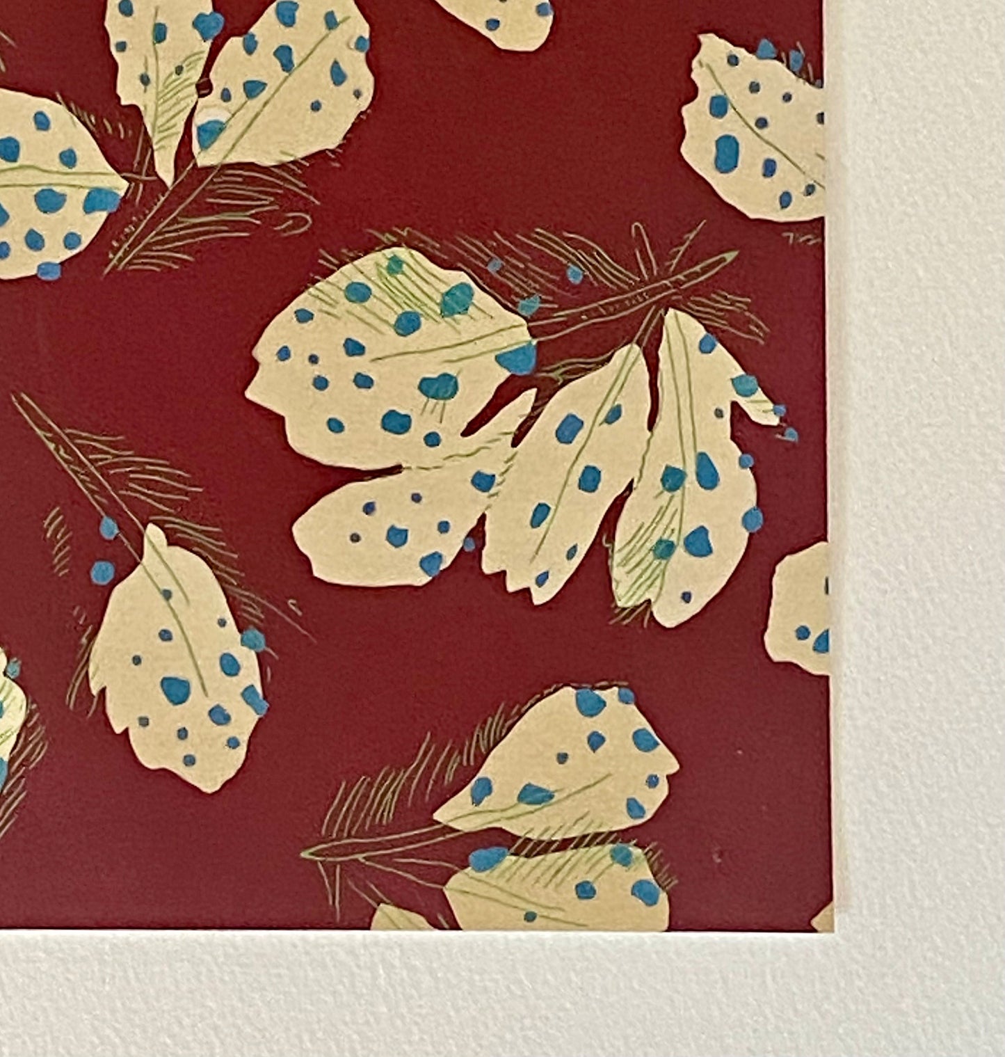 An Original Textile Design. White Feathers on A Chestnut Ground. Hand Painted. English Origin. Mid 20th Century. Size: 18.2 x 13.4 cms.